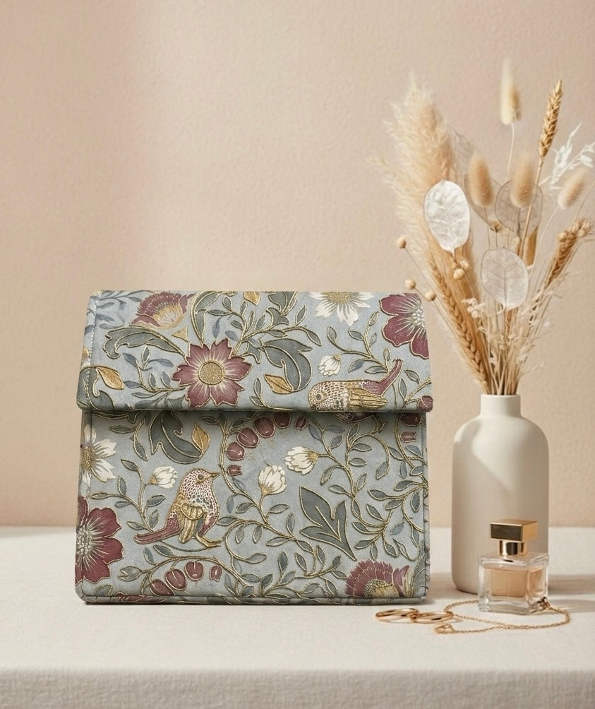 Hand-Embroidered Floral & Bird Print Clutch - Vintage Grey with Gold Tilla Detail