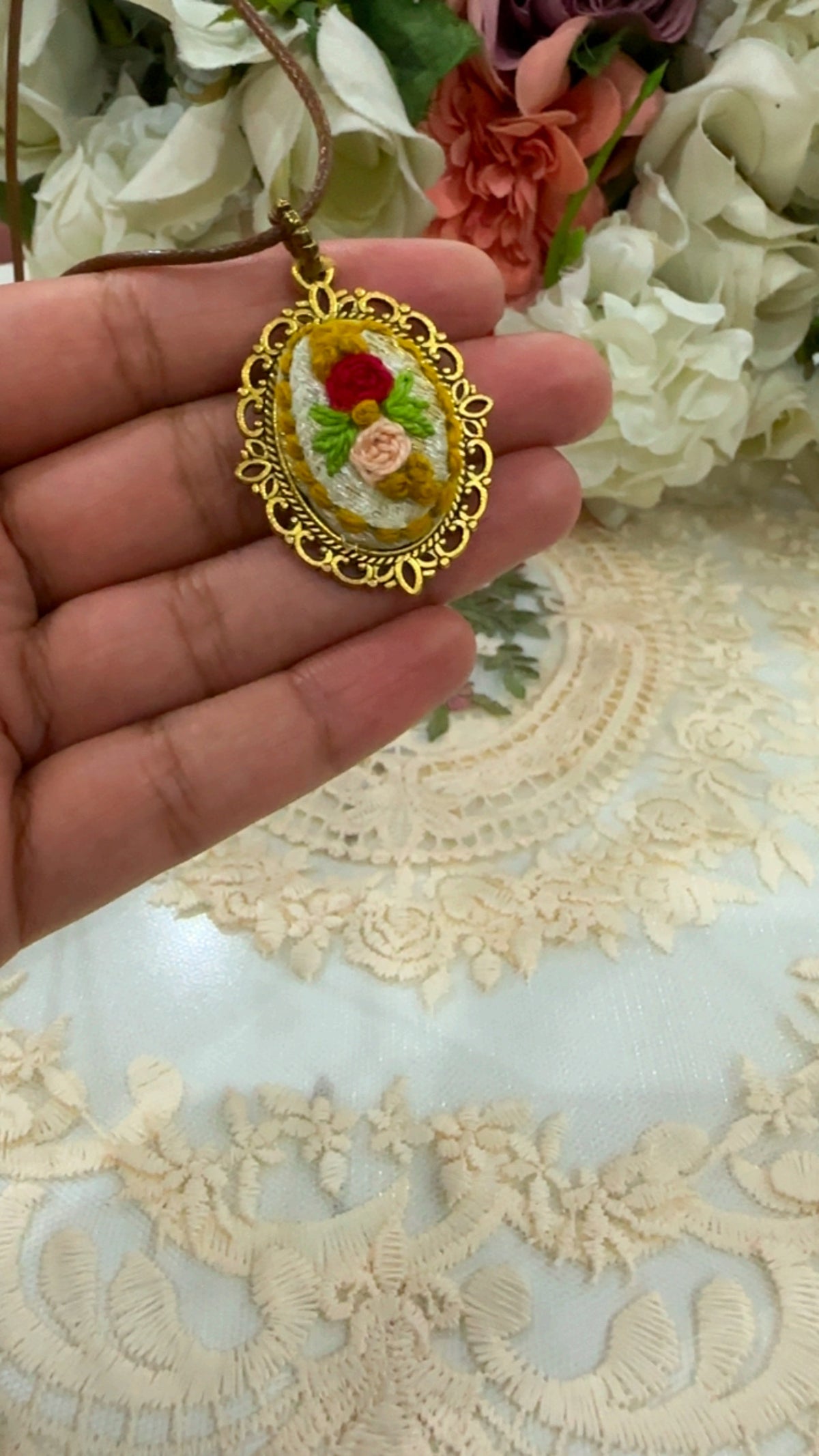 Vintage Rose Garden Hand-Embroidered Floral Pendant Necklace