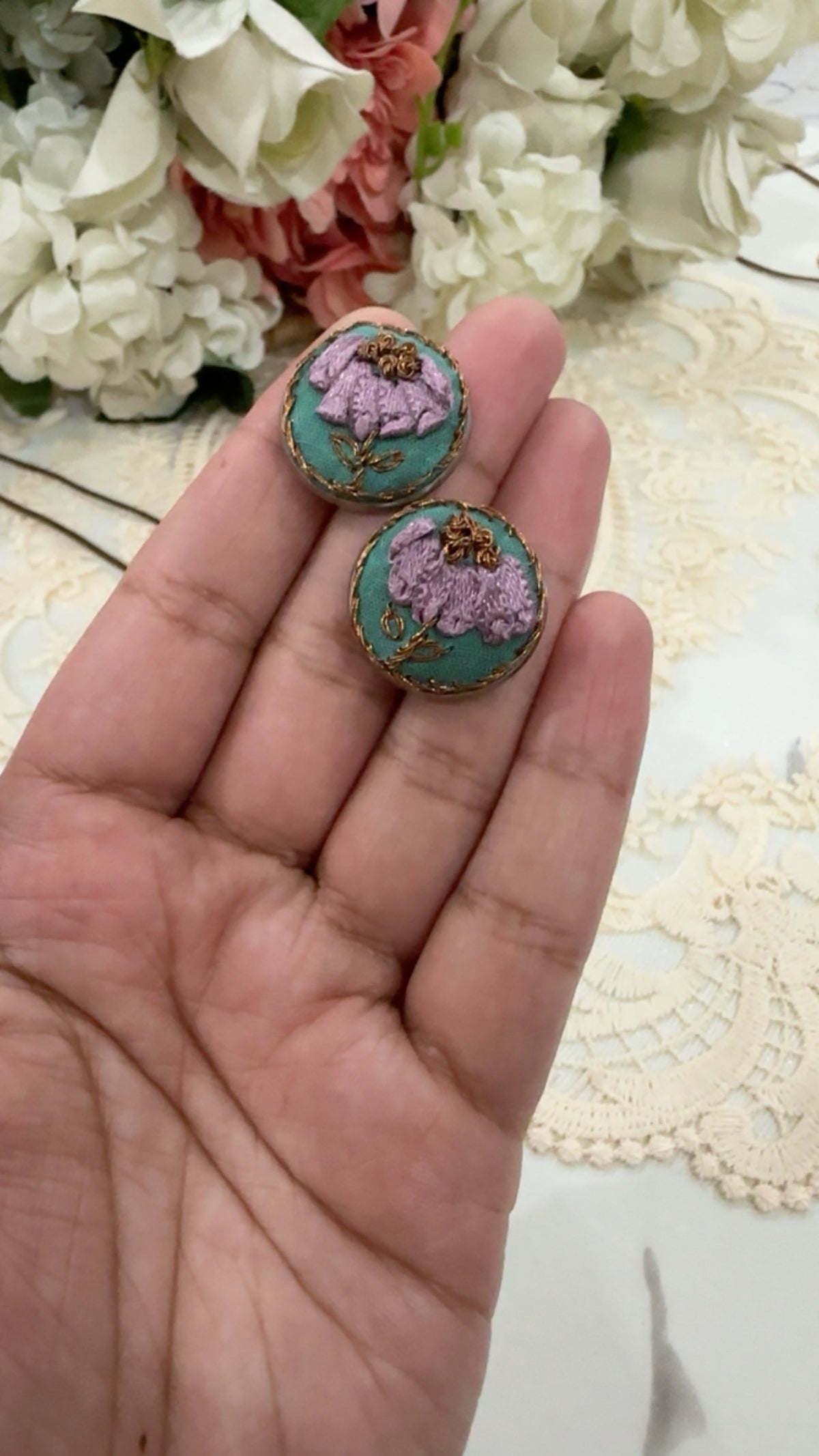 Teal Blossom Grace Ribbon-Work Floral Statement Earrings