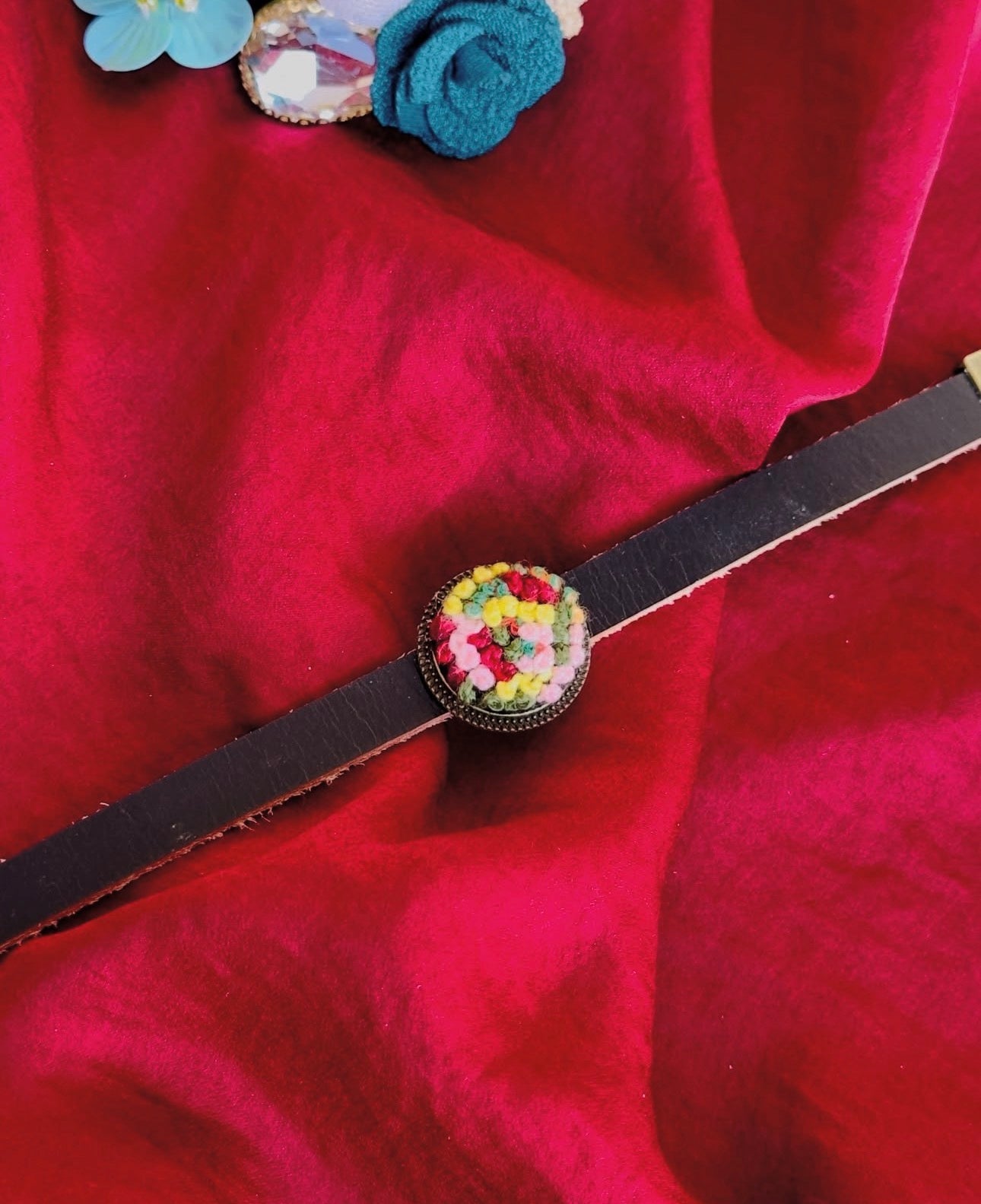 Hand-Embroidered Leather Bracelet | Boho Floral Wrist Cuff
