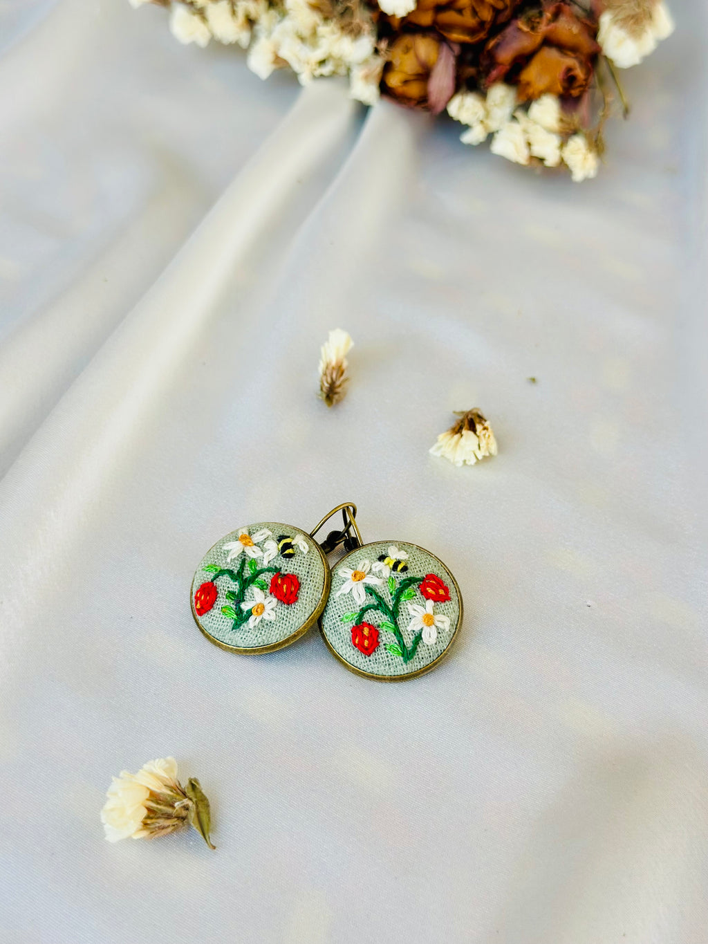 Strawberry & Bumblebee Hand-Embroidered Drop Earrings - Zeba