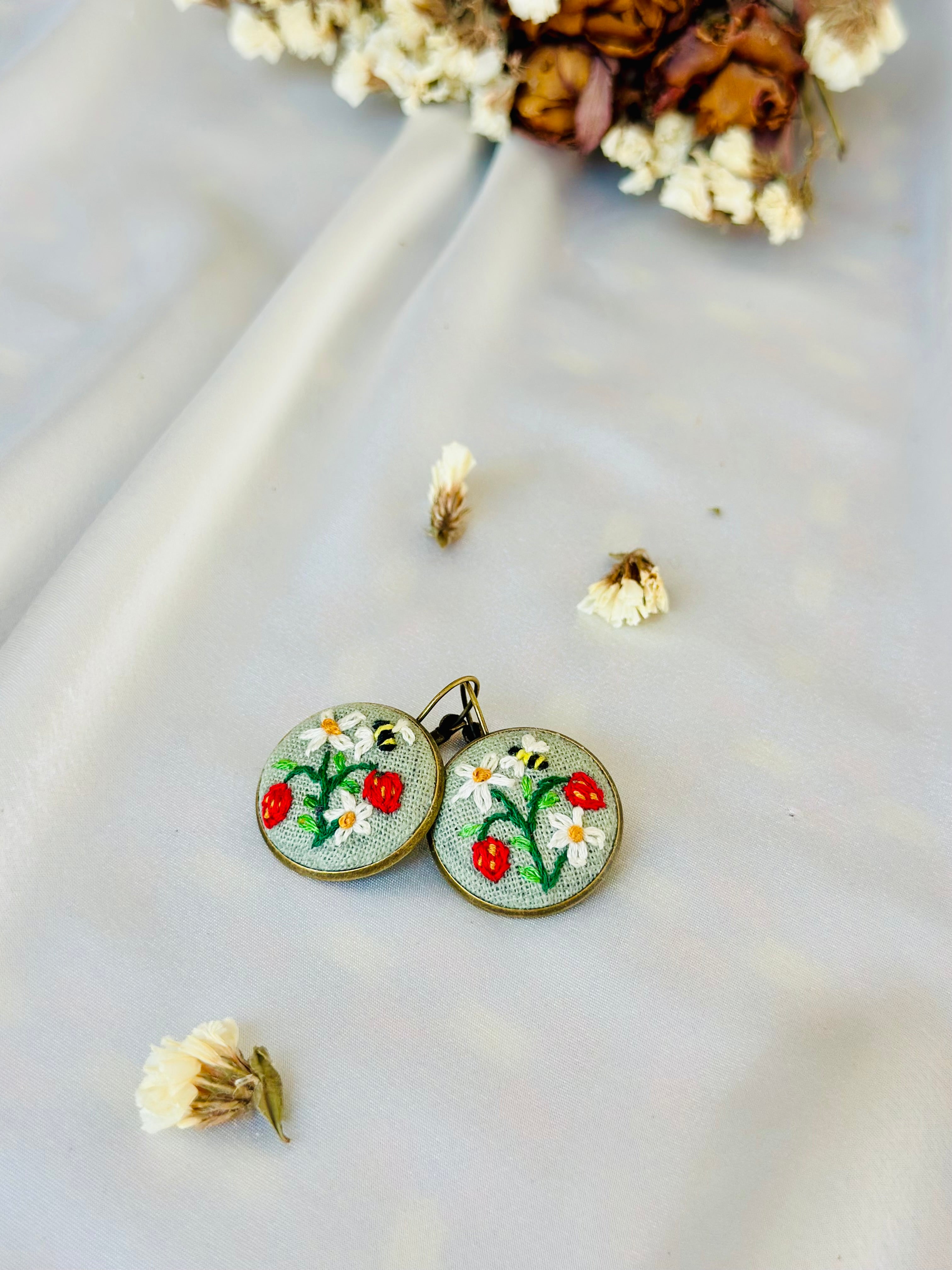 Strawberry & Bumblebee Hand-Embroidered Drop Earrings - Zeba