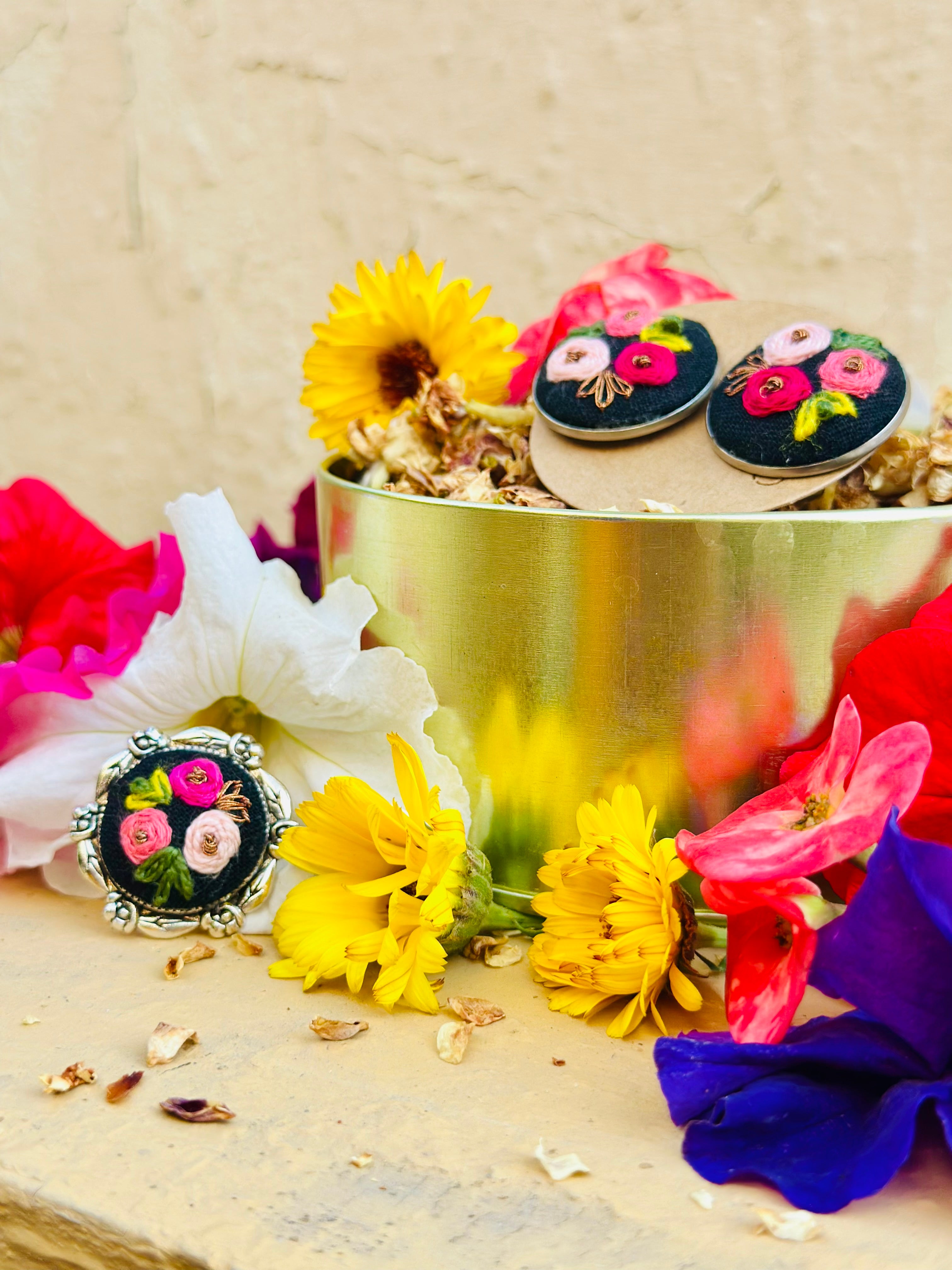 Midnight Rose Hand-Embroidered Floral Stud Earrings - Roshni