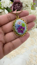Azure Blossom Garden Hand-Embroidered Floral Pendant Necklace