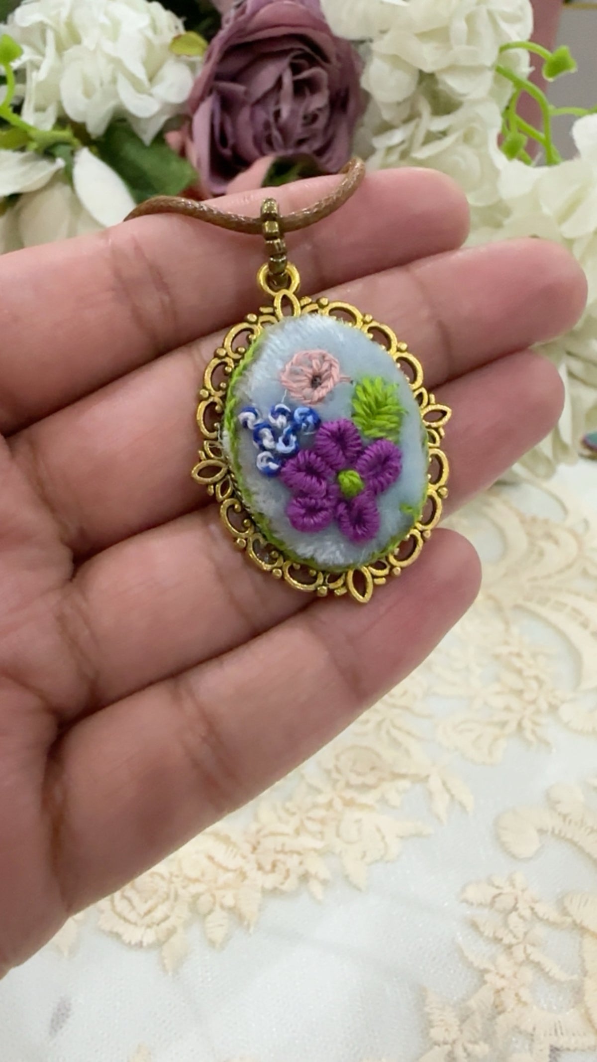 Azure Blossom Garden Hand-Embroidered Floral Pendant Necklace
