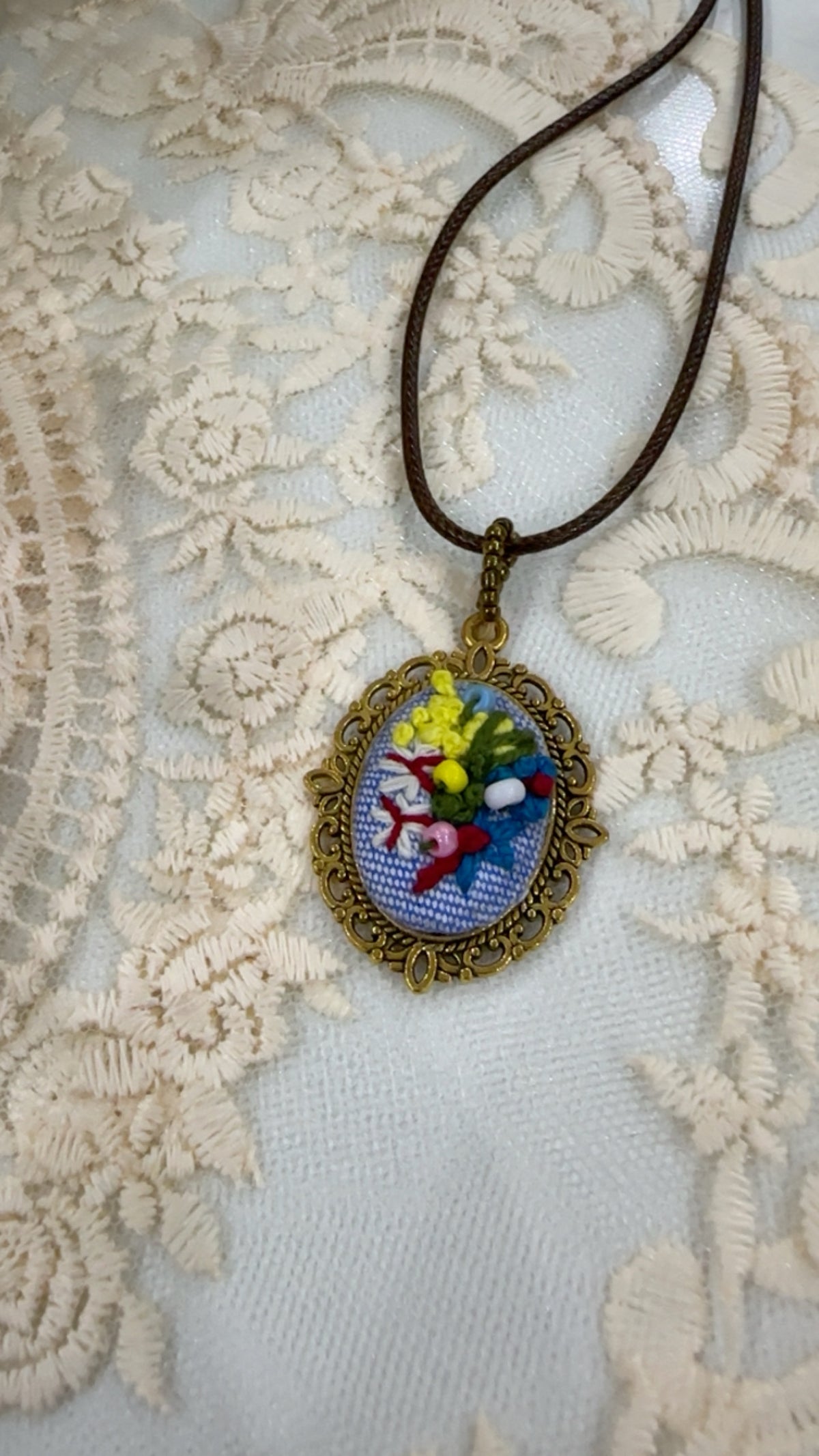 Meadow Wildflower Mosaic Beaded Hand-Embroidered Pendant Necklace