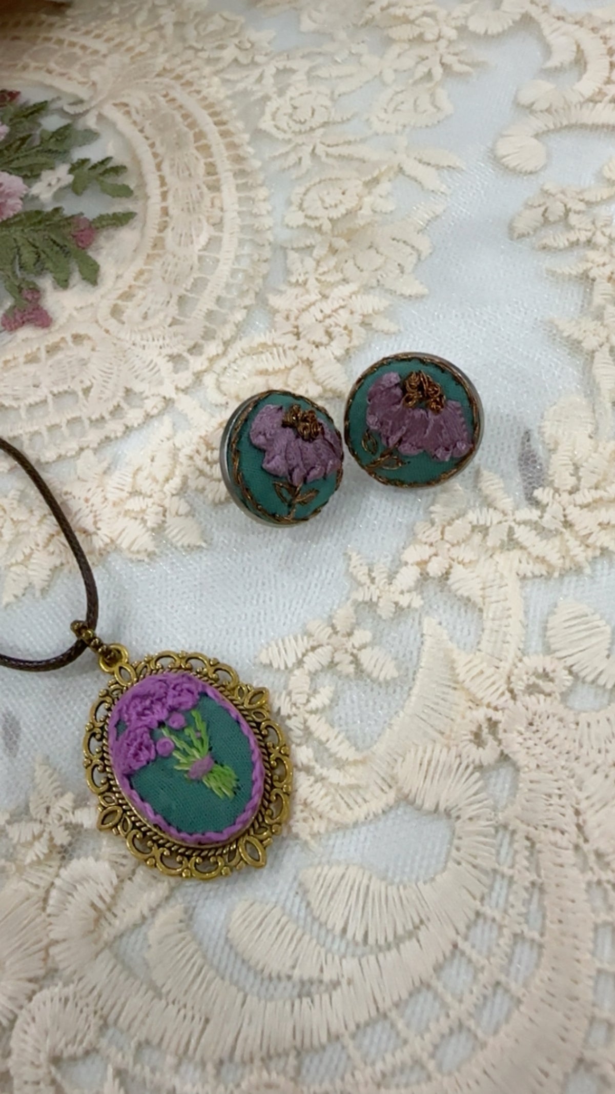 Lavender Lace Hand-Embroidered Botanical Pendant Necklace
