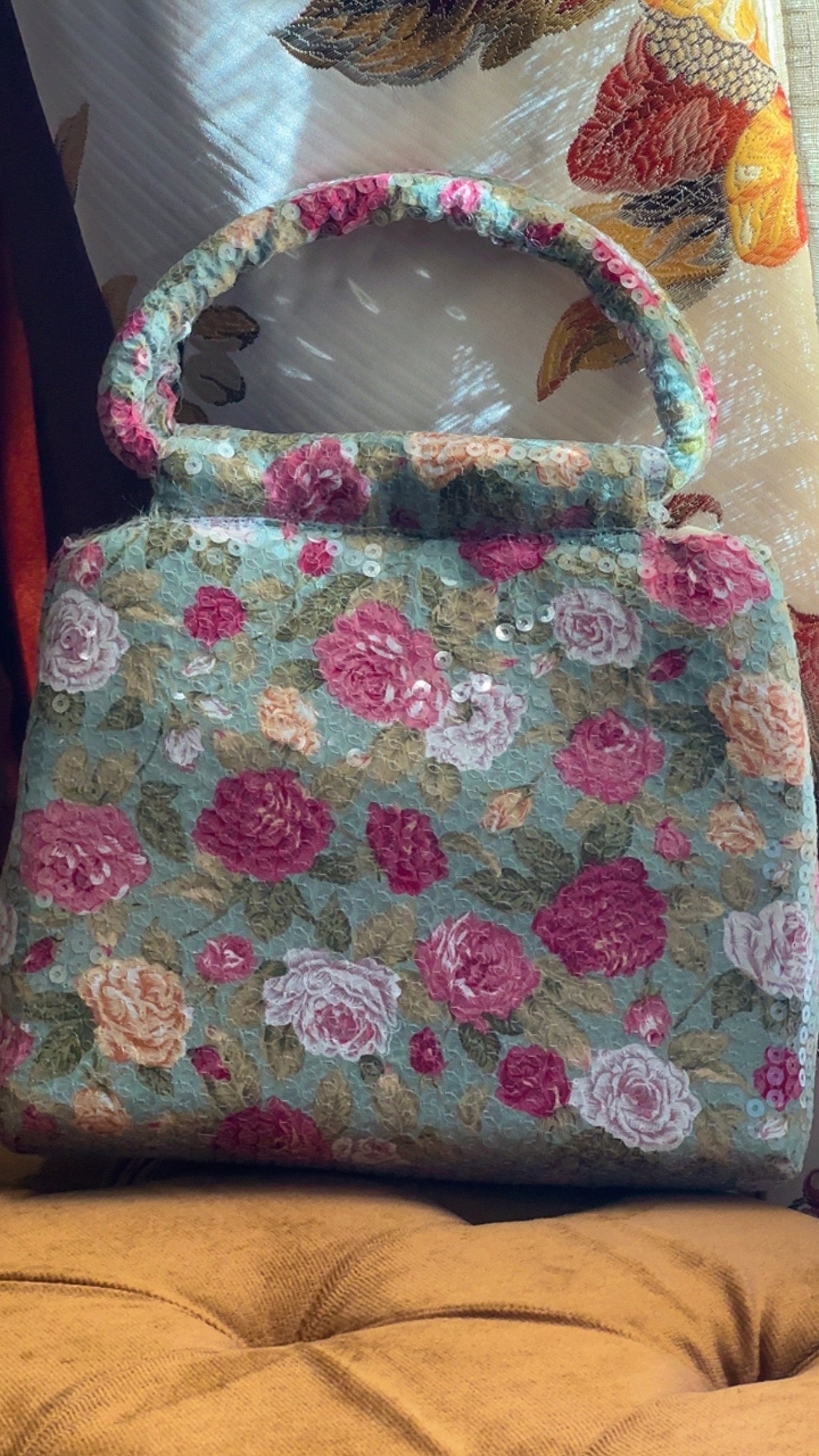 Bloom Box: Handmade Sage Floral Bag with Sequin Ring Handle