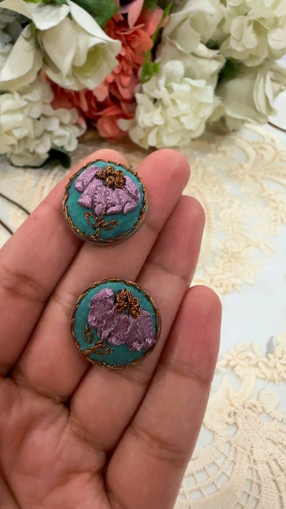 Teal Blossom Grace Ribbon-Work Floral Statement Earrings