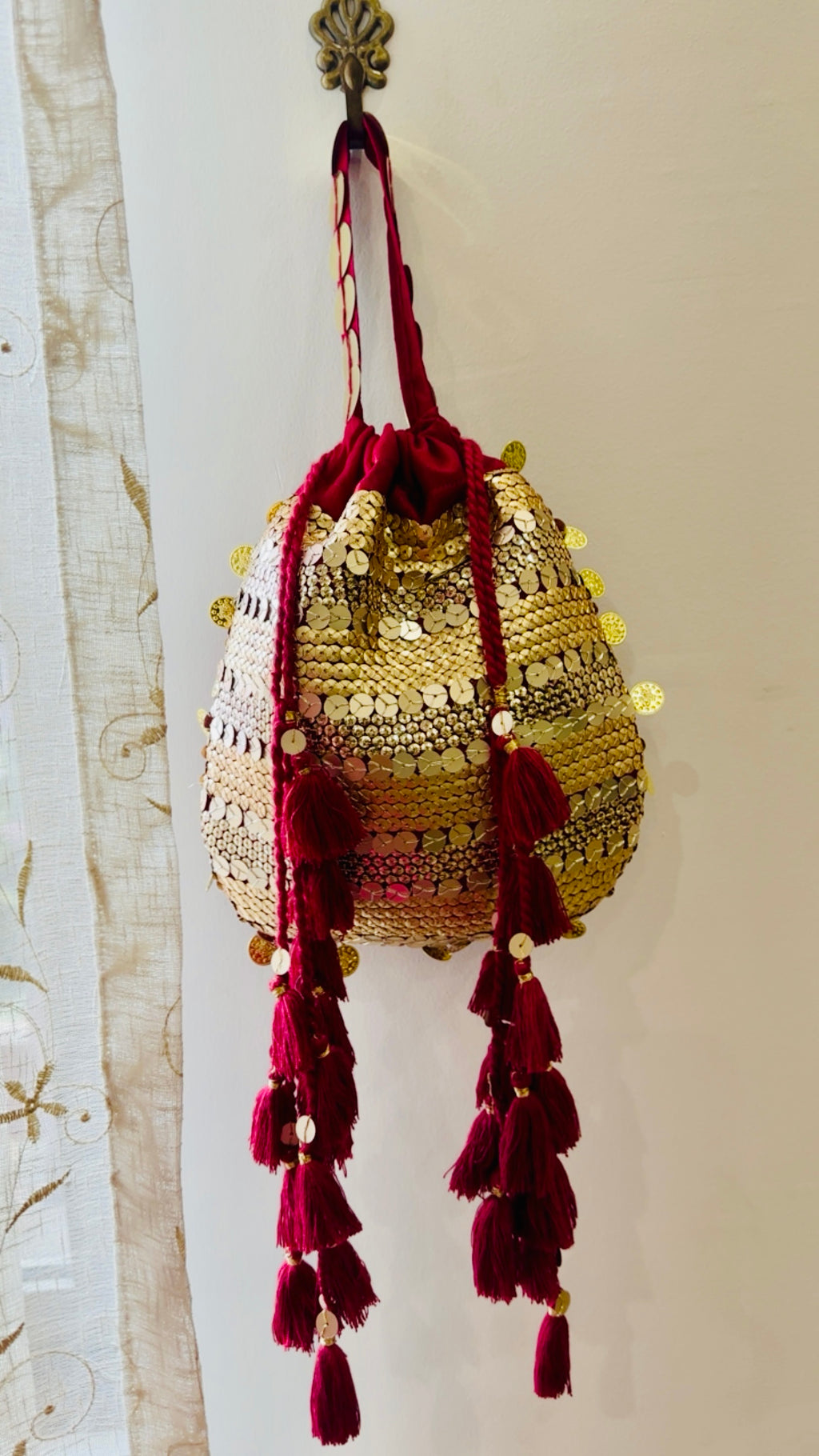 MehrMa Handcrafted Sequin Potli Bag – Whimsical Vintage Drawstring Bag with Coin Embellishments and Tassels