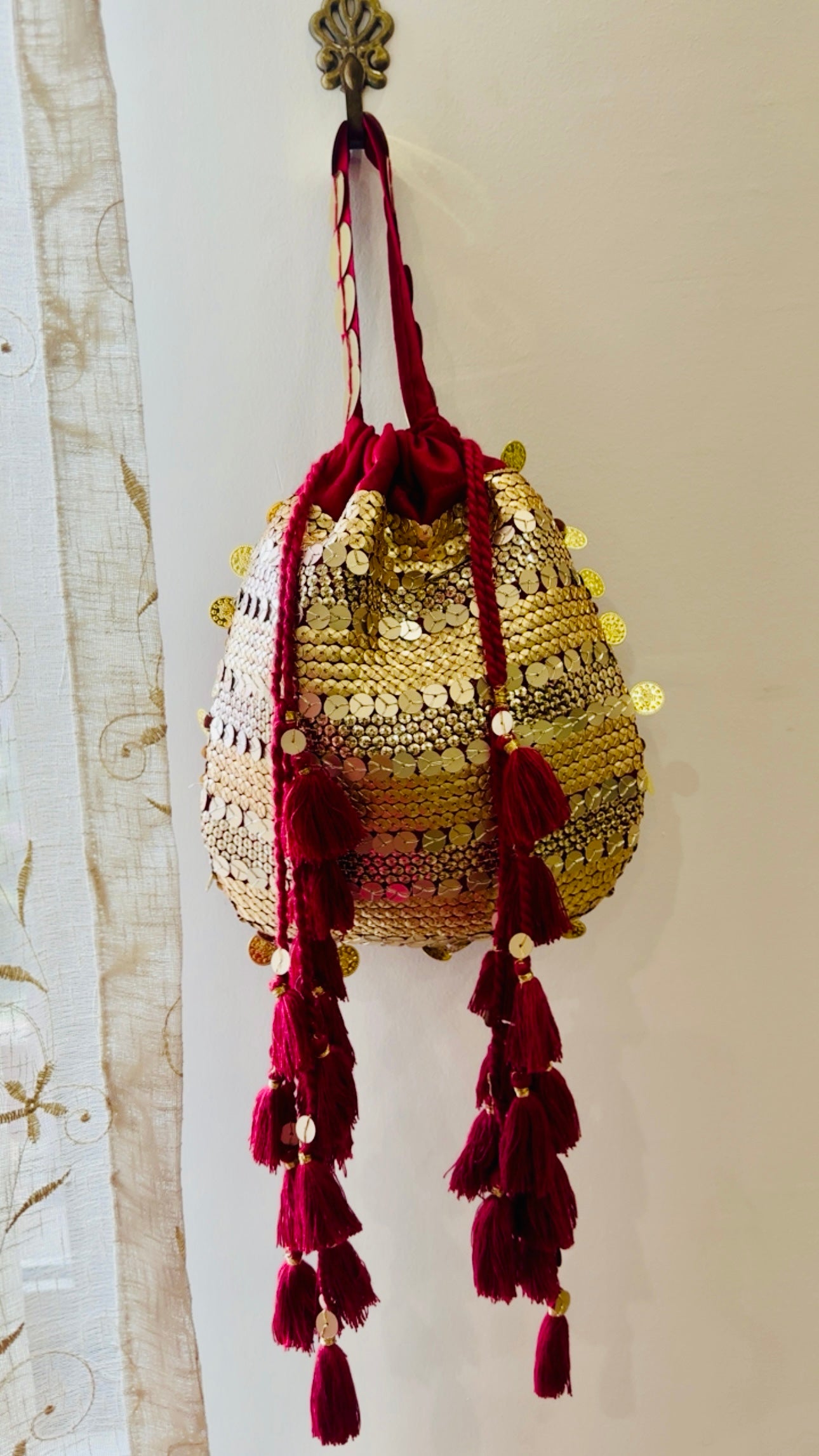 MehrMa Handcrafted Sequin Potli Bag – Whimsical Vintage Drawstring Bag with Coin Embellishments and Tassels
