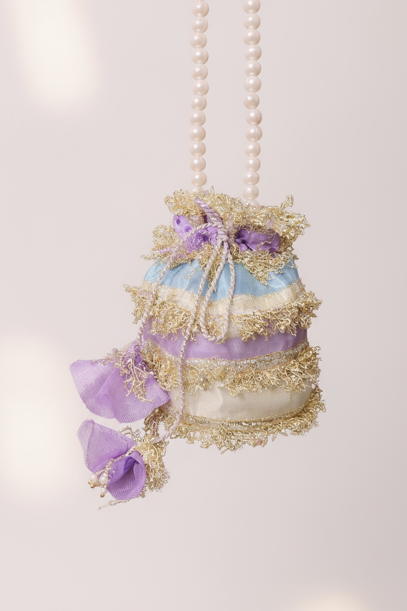 Nigaar: Pastel Striped Potli with Gold Gota & Pearl Handle