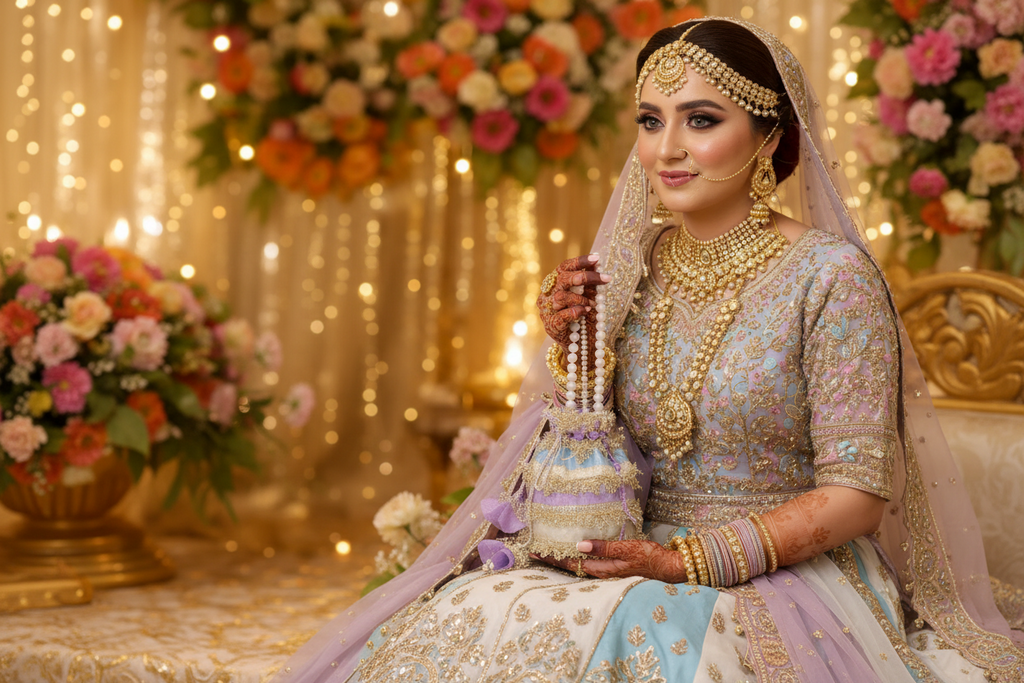 Nigaar: Pastel Striped Potli with Gold Gota & Pearl Handle