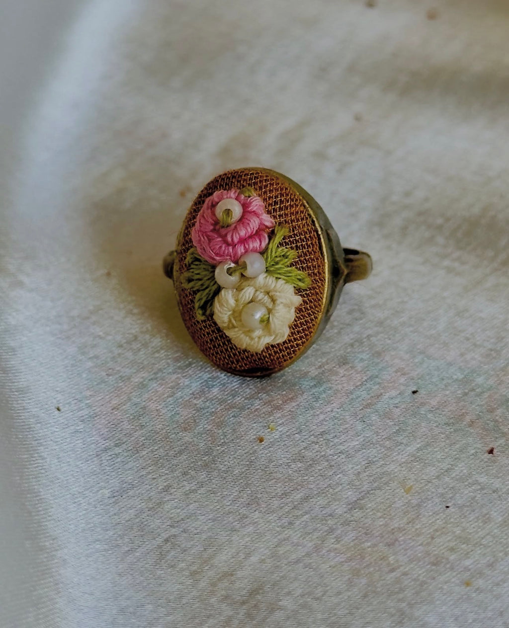 Hand-Embroidered Floral Ring - Vintage Style Brass Jewelry