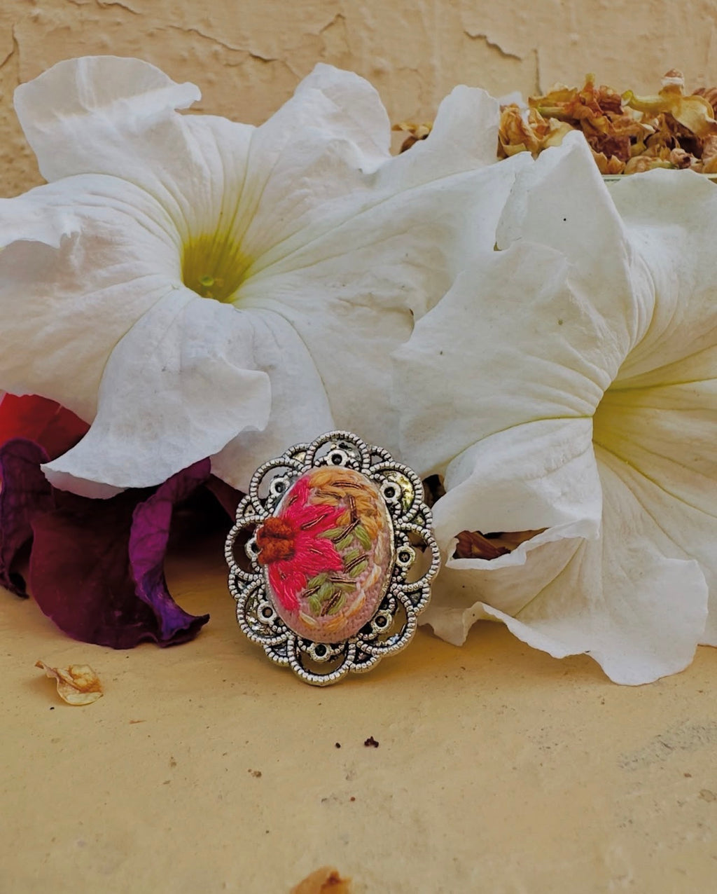 Hand-Embroidered Floral Silver Filigree Statement Ring