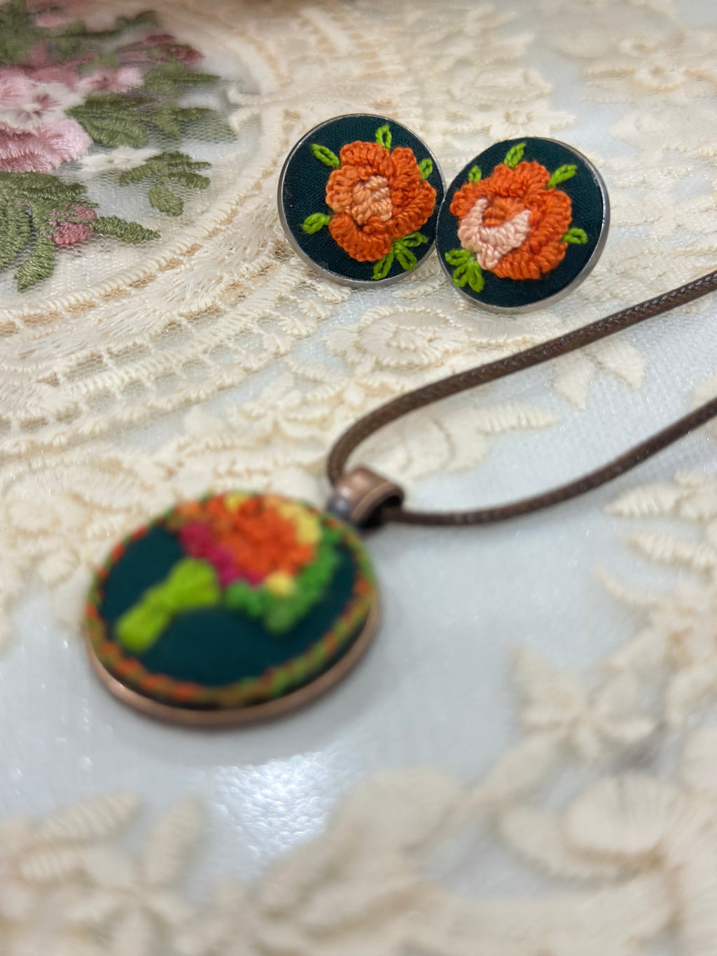 Autumn Rust Blossom Hand-Embroidered Floral Statement Earrings