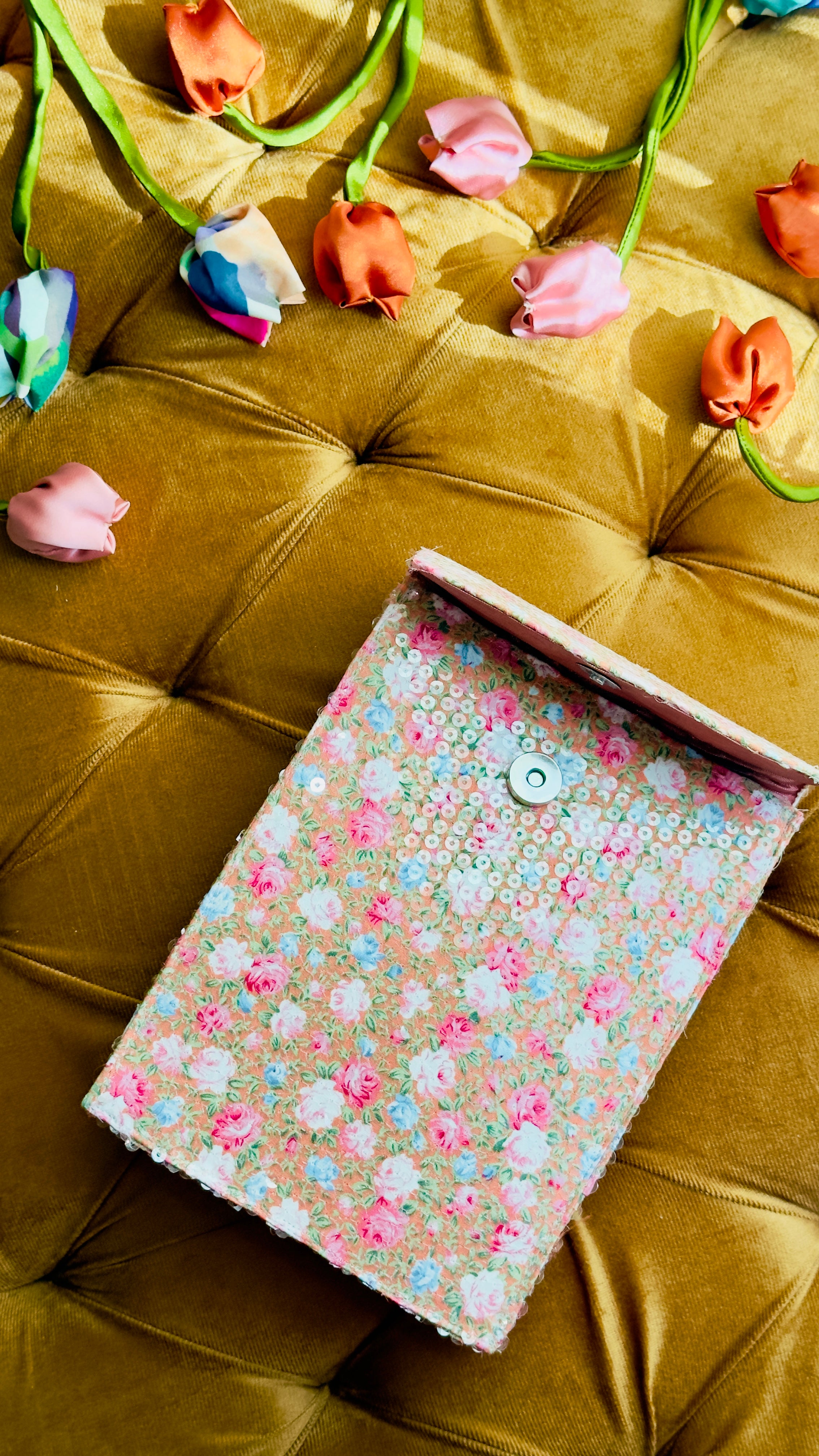 Peach Sorbet: Handmade Floral Sequin Vertical Messenger Bag