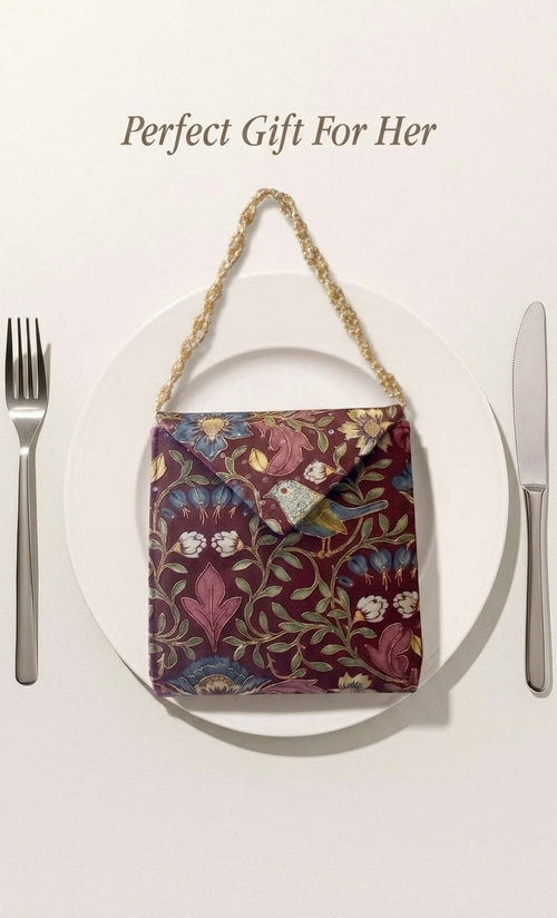 Gilded Nightingale: Maroon Bird Bag With Golden Outline