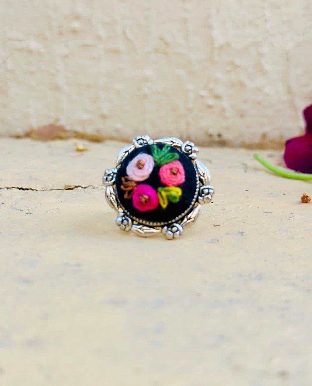 Hand-Embroidered Black Floral Ring - Vintage Silver Filigree Band