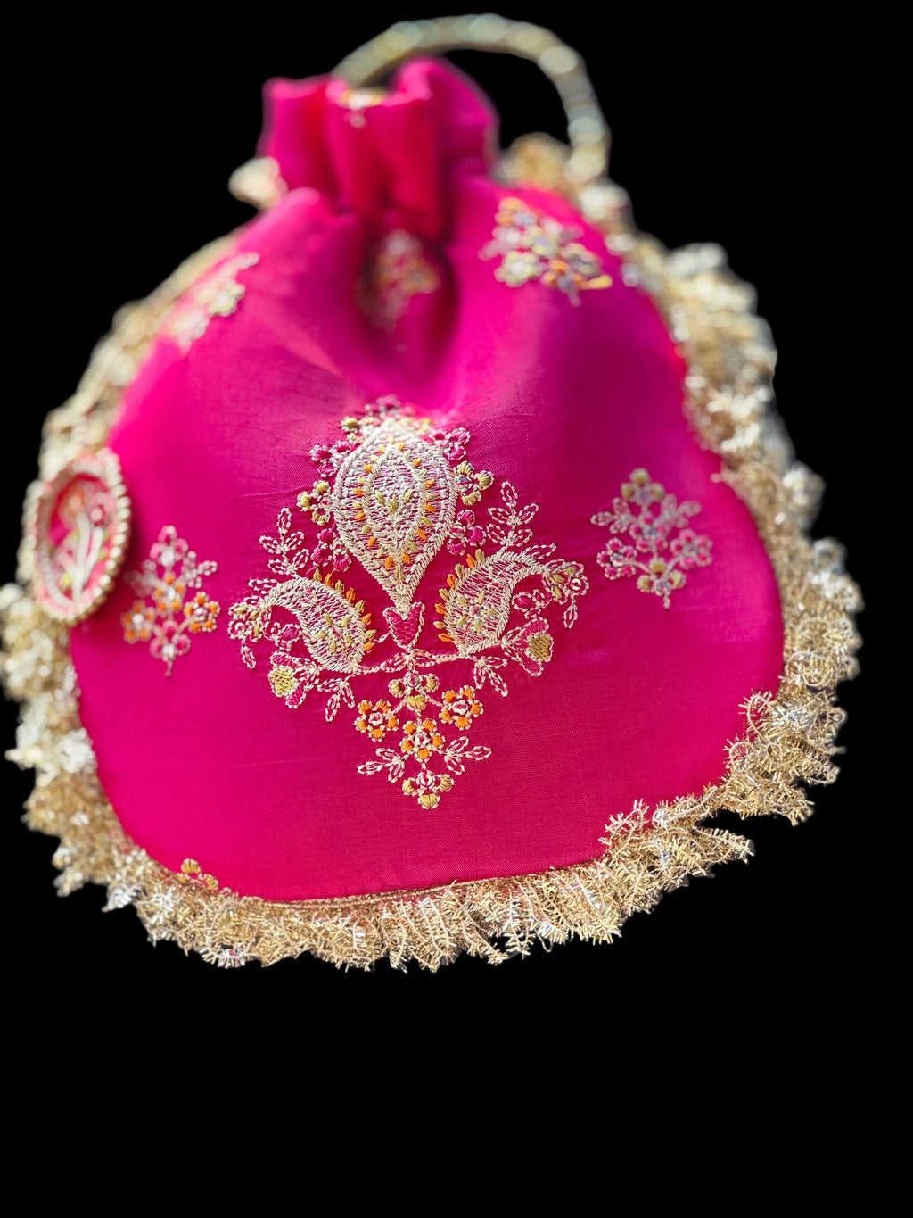 Rukhsaar: Hot Pink Silk Potli - Gold Motifs & Fringes