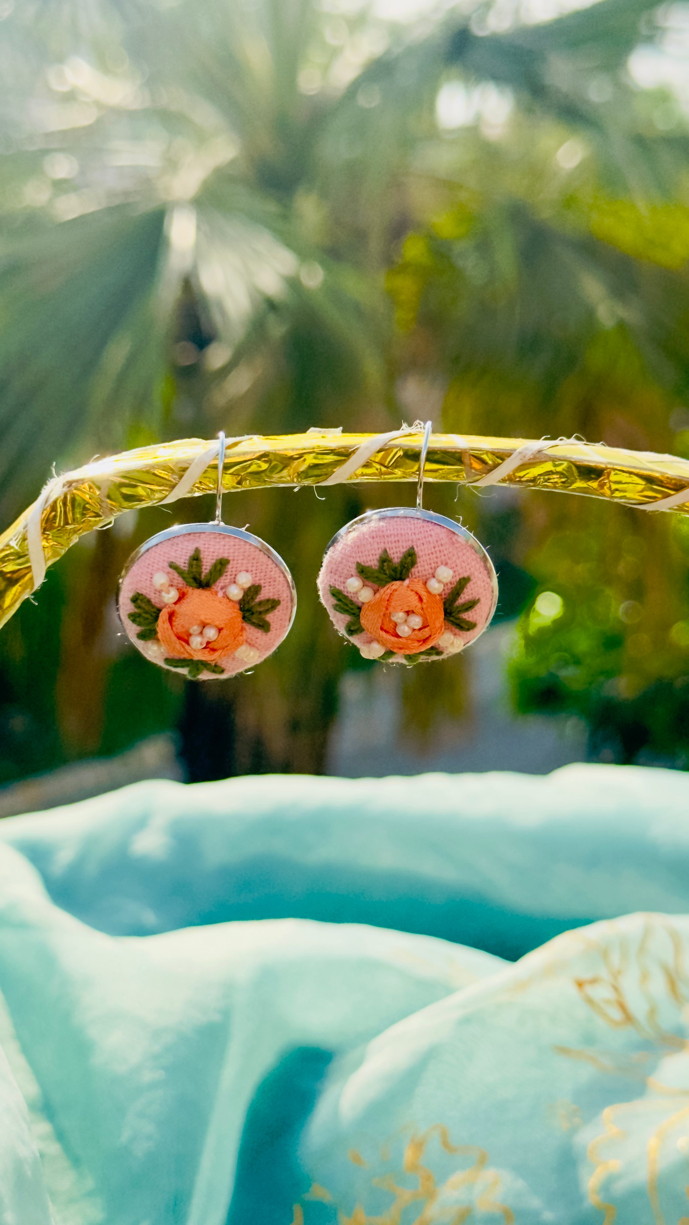 Peach Blossom Hand-Embroidered Silk Ribbon Earrings