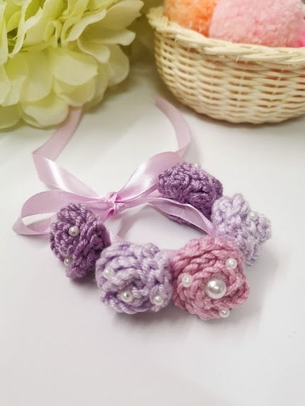 Pastel Lavender & Rose Crochet Bracelet with Ribbon Closure