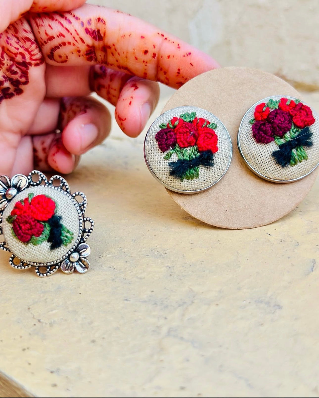 Hand-Embroidered Red Rose Bouquet Silver Statement Ring