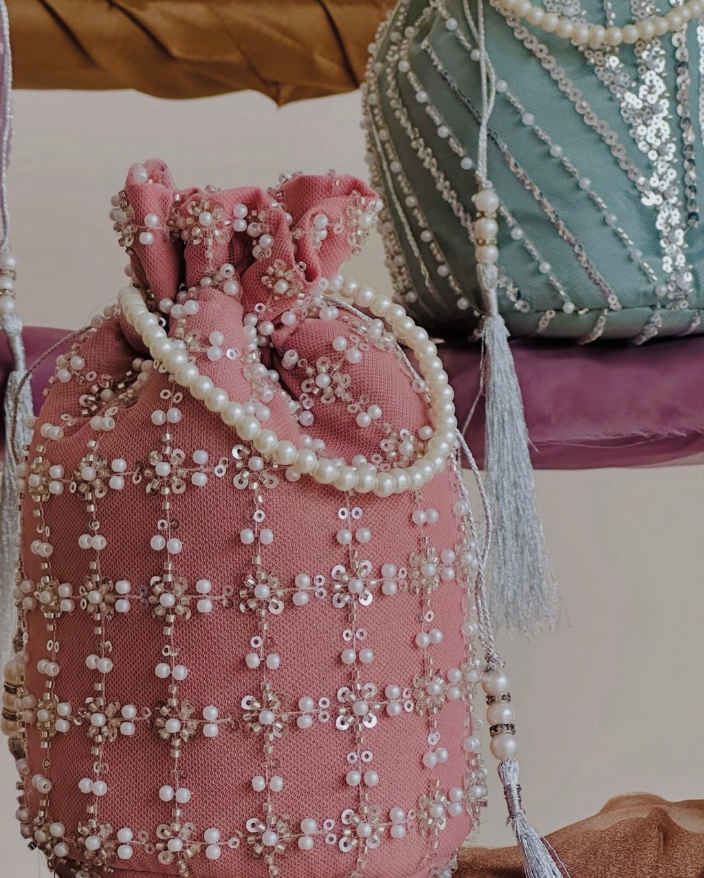 Shafaq: Pink Hand-Embroidered Pearl & Sequin Net Potli