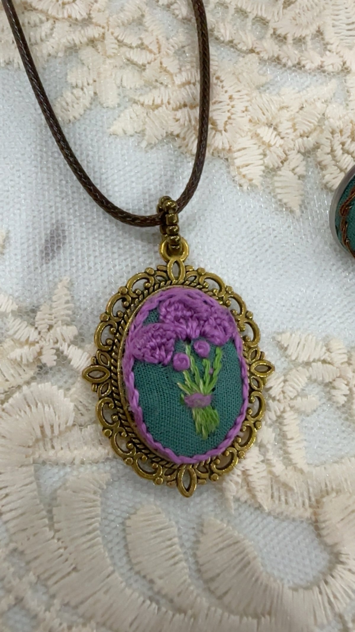 Lavender Lace Hand-Embroidered Botanical Pendant Necklace