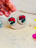 Red Rose Bouquet Hand-Embroidered Stud Earrings
