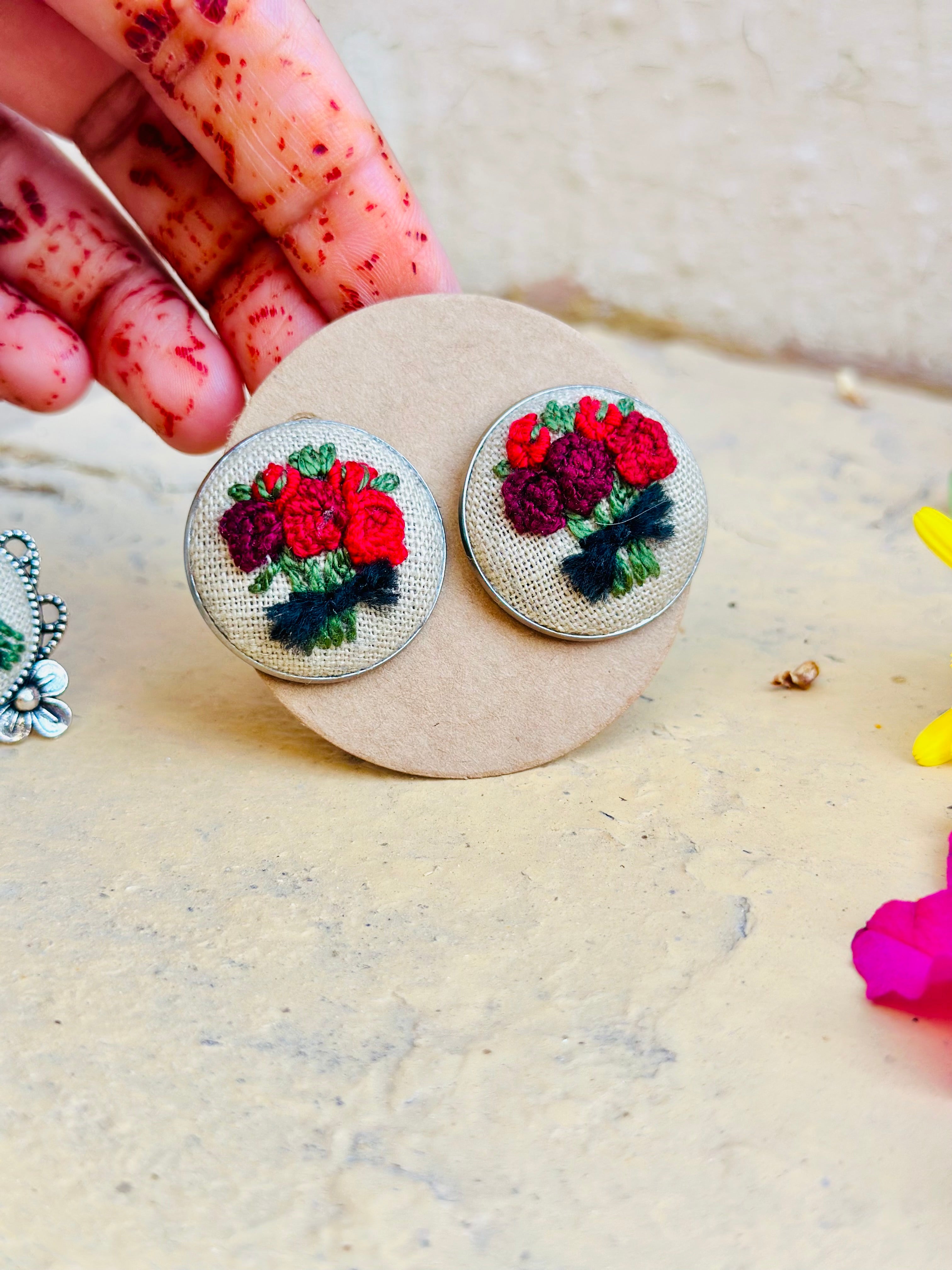 Red Rose Bouquet Hand-Embroidered Stud Earrings