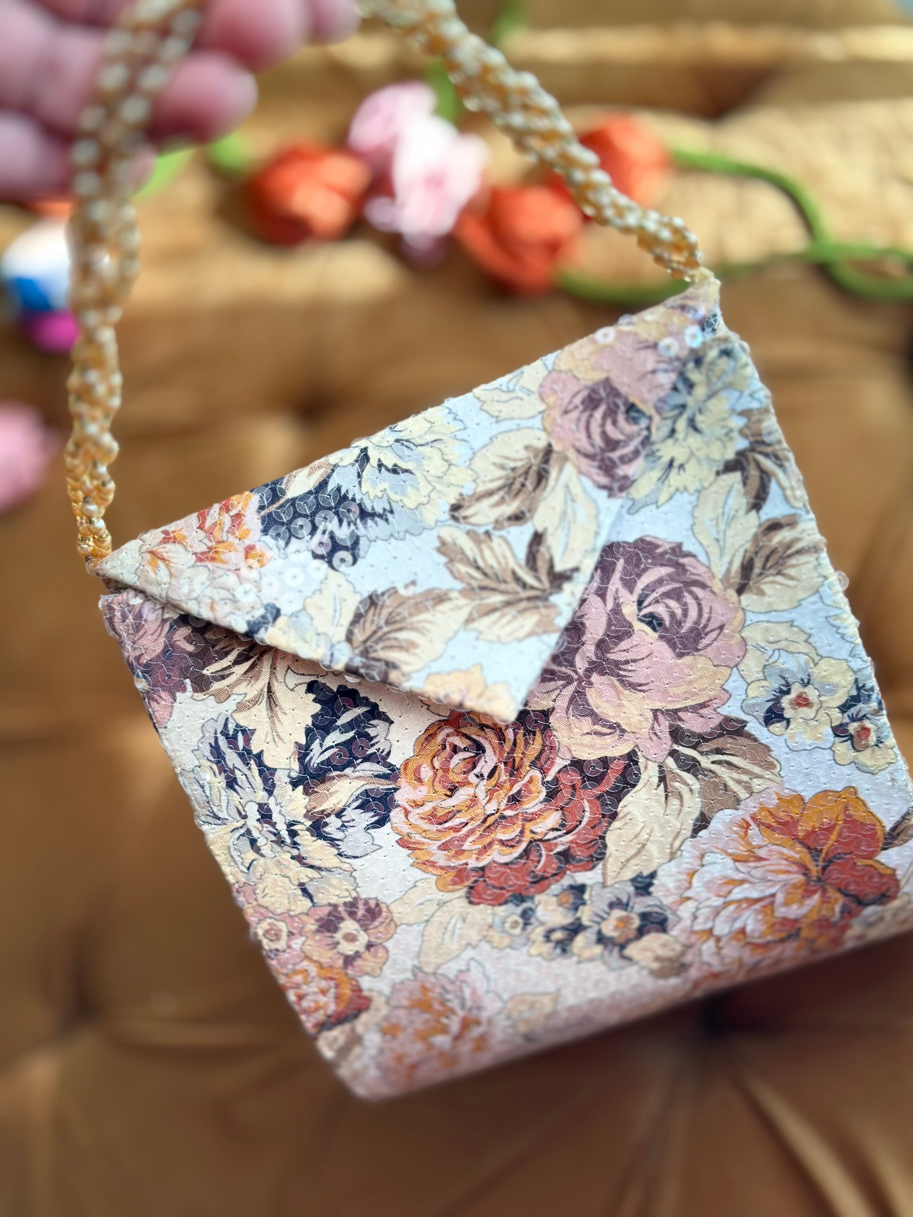 Golden Harvest: Vintage Floral Sequin Bag with Beaded Handle