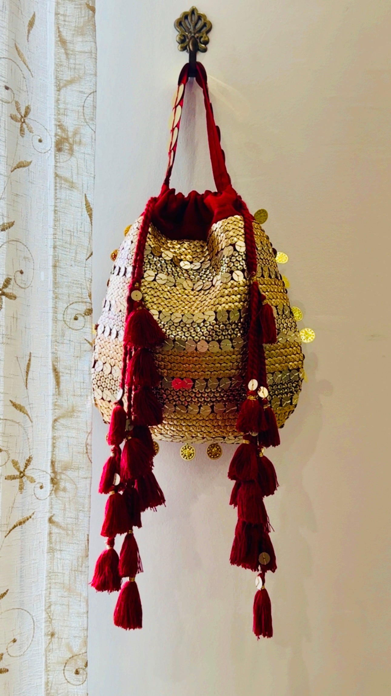 MehrMa Handcrafted Sequin Potli Bag – Whimsical Vintage Drawstring Bag with Coin Embellishments and Tassels