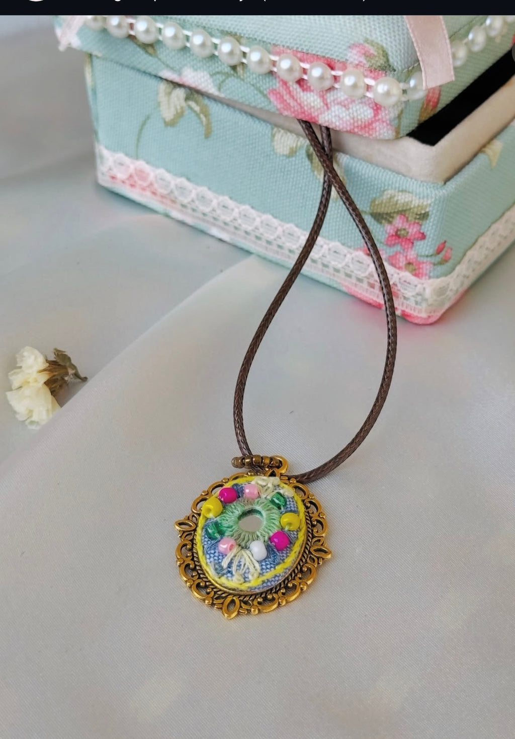 Moonlit Meadow Hand-Embroidered Whimsical Floral Pendant