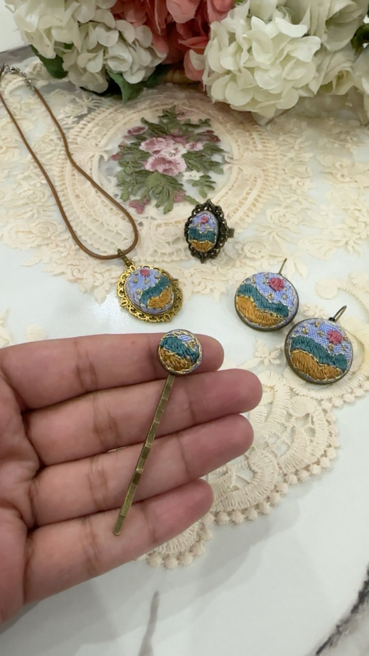 Golden Meadow Day Hand-Embroidered Landscape Pendant Necklace