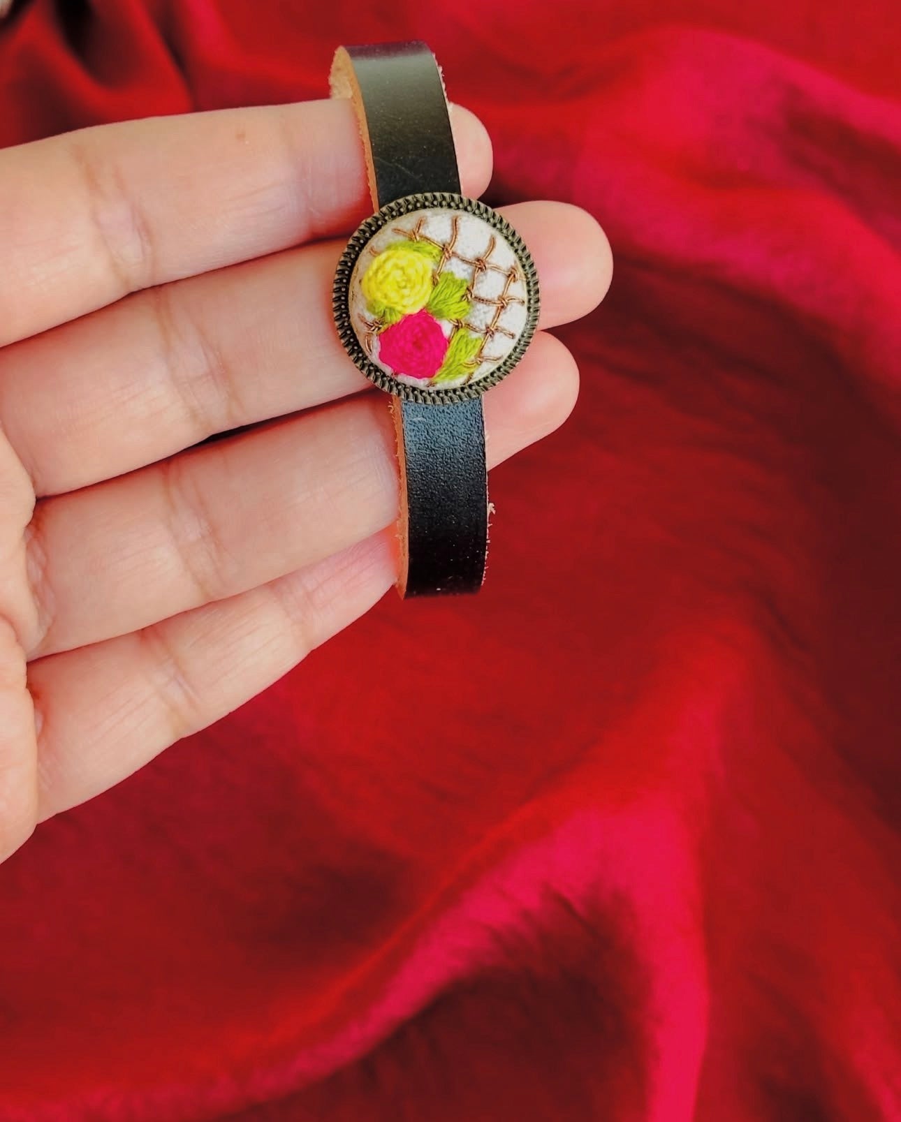 Hand-Embroidered Floral Leather Bracelet | Custom Boho Jewelry