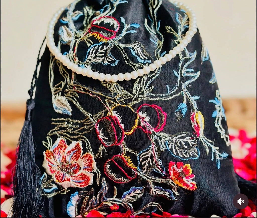 Zaiba: Black Organza Potli Bag with Floral Embroidery
