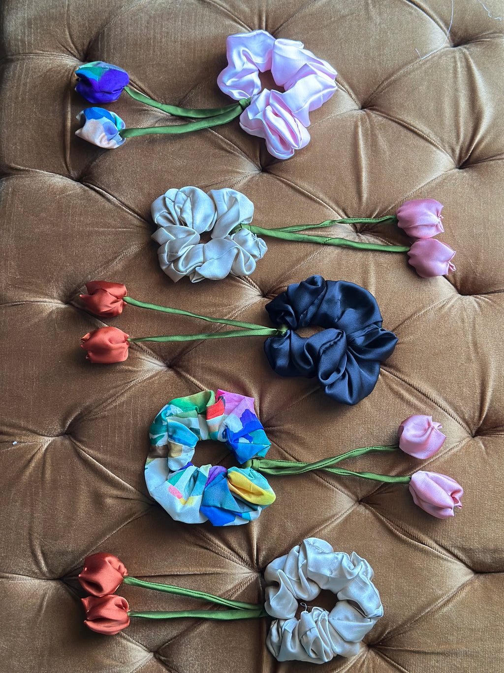 Midnight Noir Tulip Scrunchie - Handmade Floral Hair Accessory