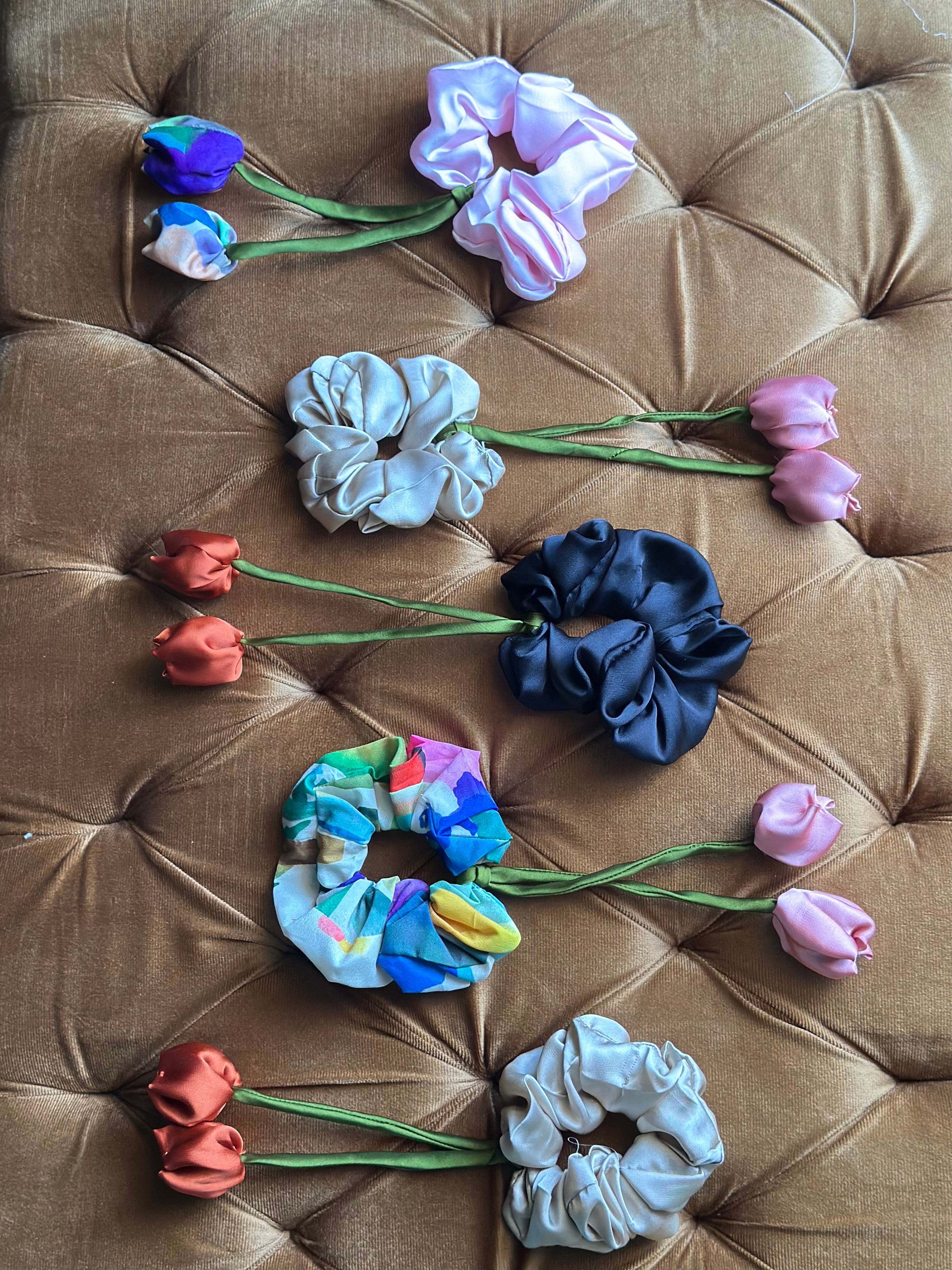 Midnight Noir Tulip Scrunchie - Handmade Floral Hair Accessory