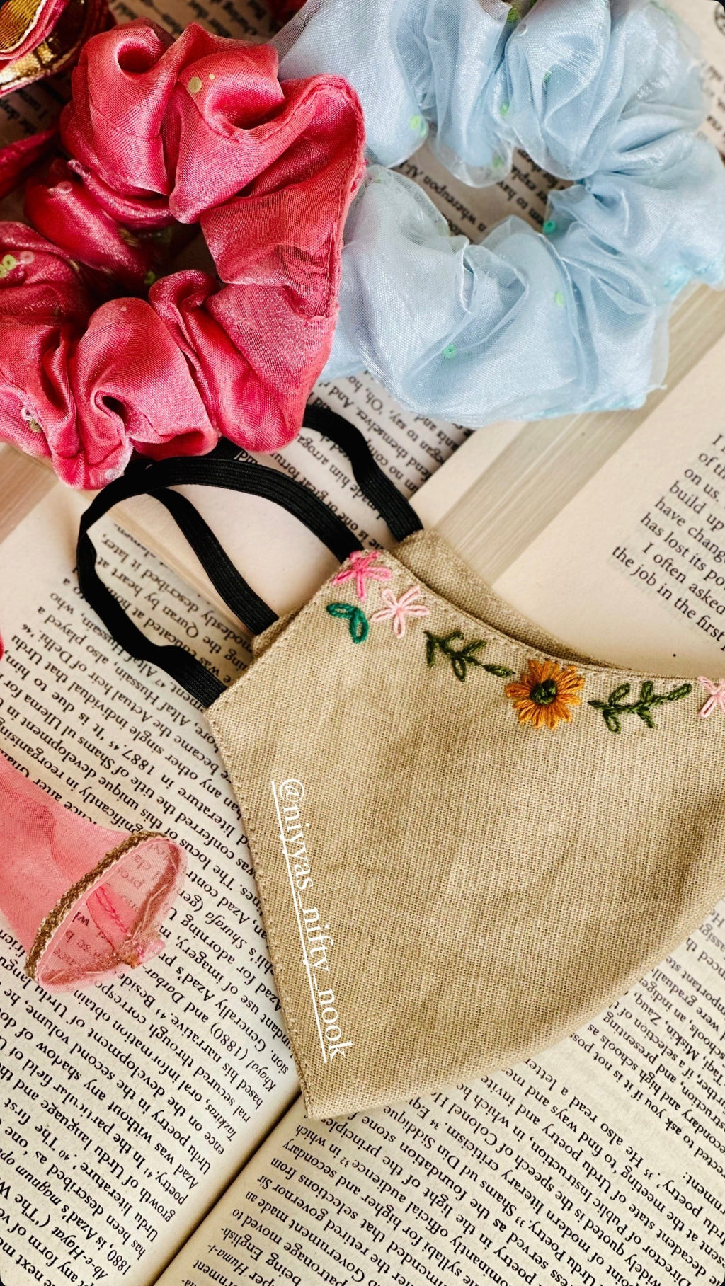Handmade Floral Beige Embroidered Reusable Cotton Face Mask