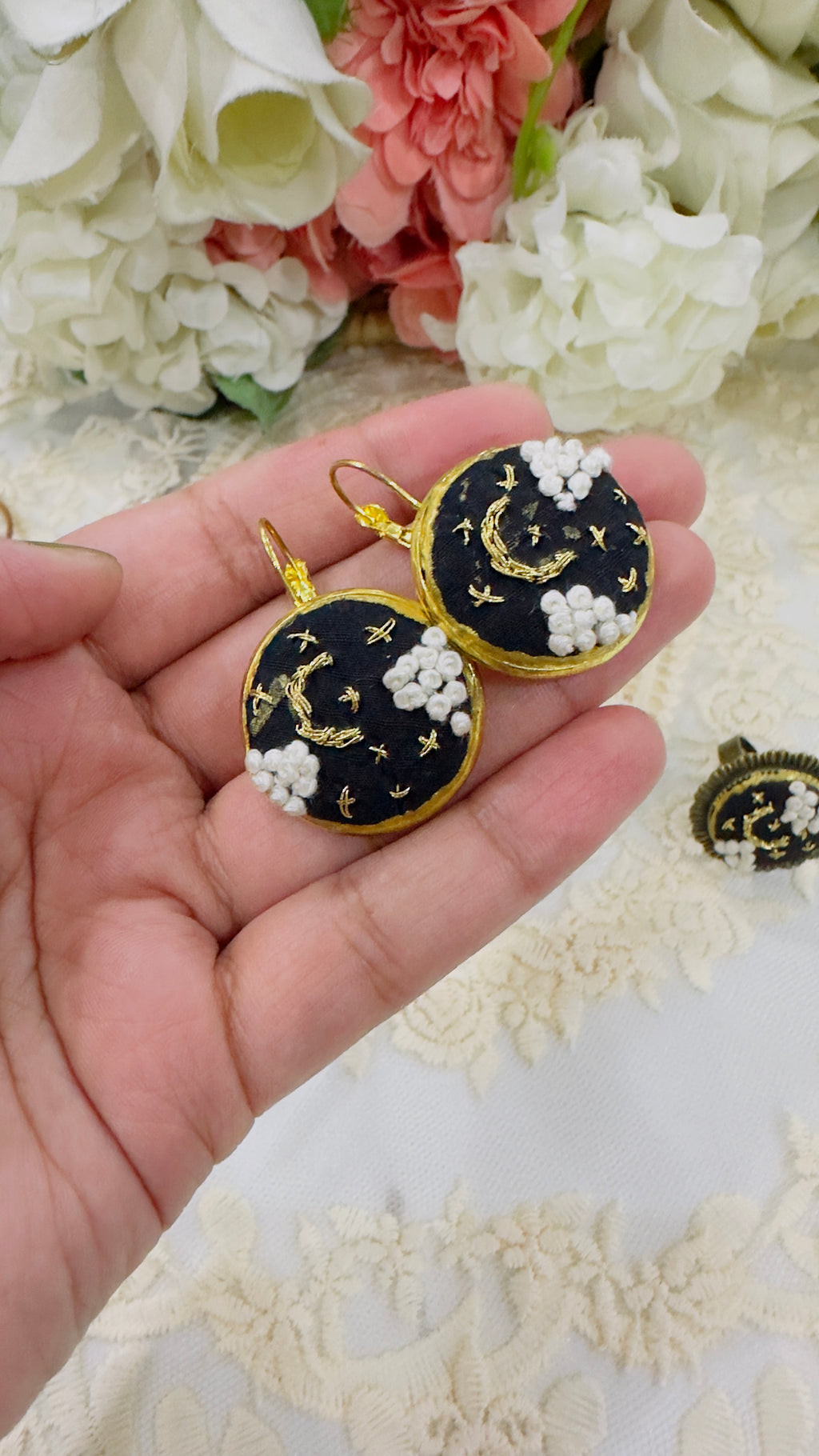 Midnight Stardust Hand-Embroidered Celestial Statement Earrings