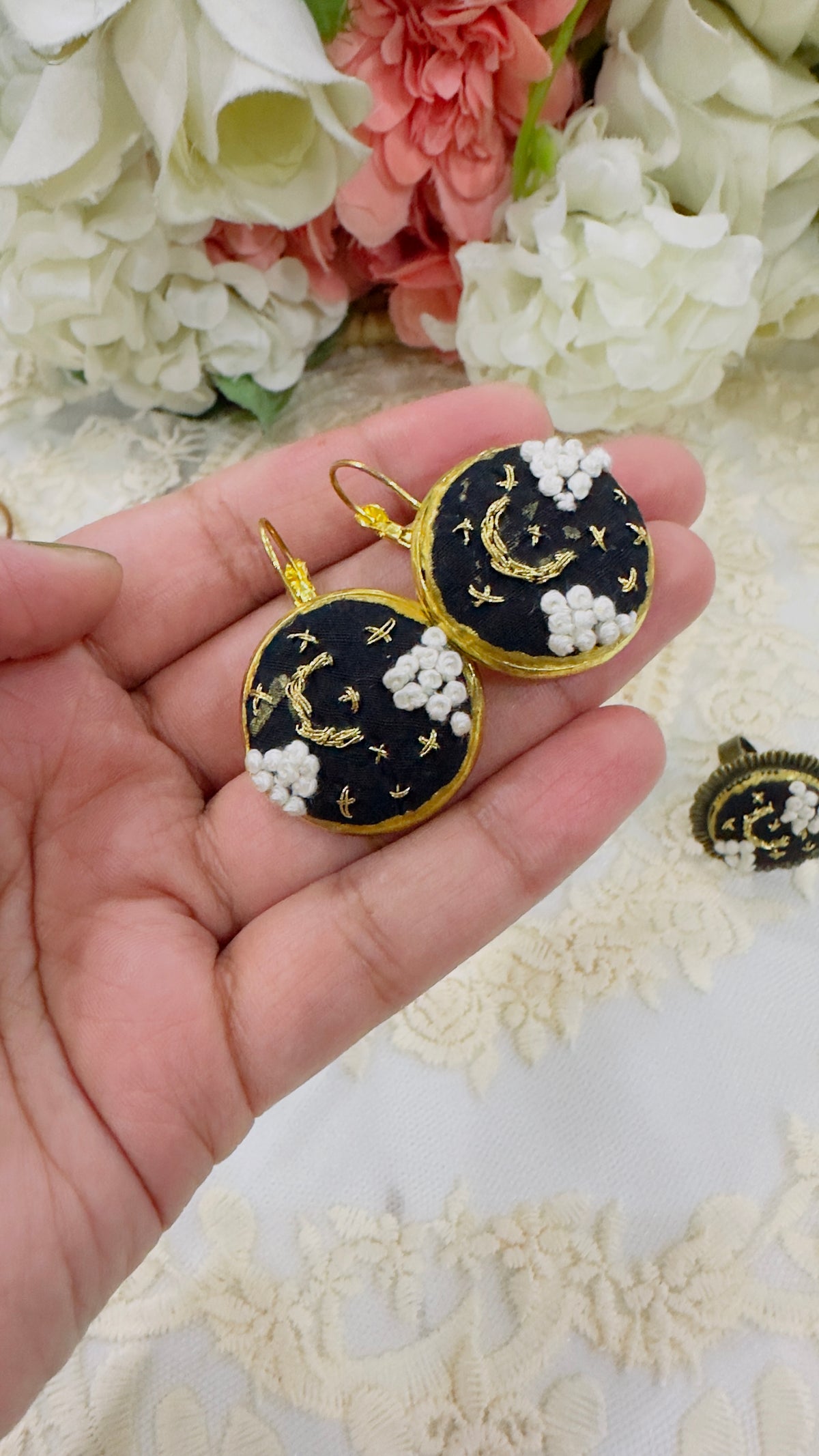Midnight Stardust Hand-Embroidered Celestial Statement Earrings