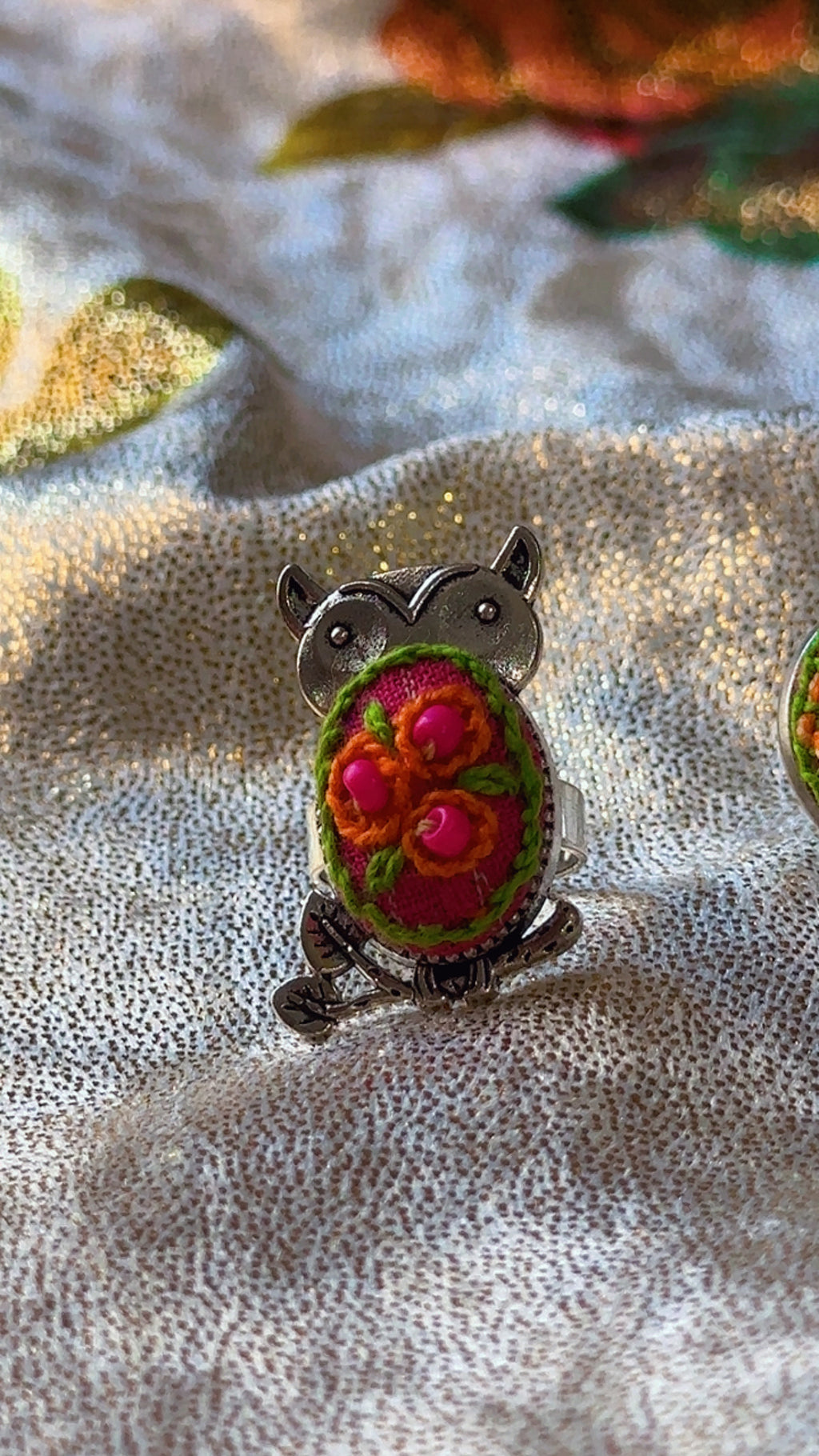 Whimsical "Hoot" Hand-Embroidered Owl Ring