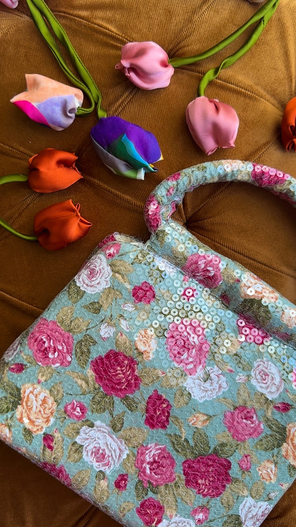 Bloom Box: Handmade Sage Floral Bag with Sequin Ring Handle