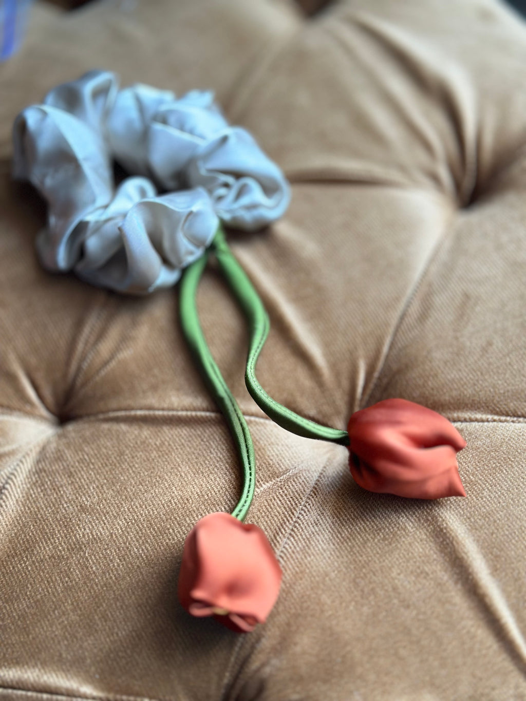 Champagne & Terracotta Tulip Scrunchie - Handmade Floral Tie