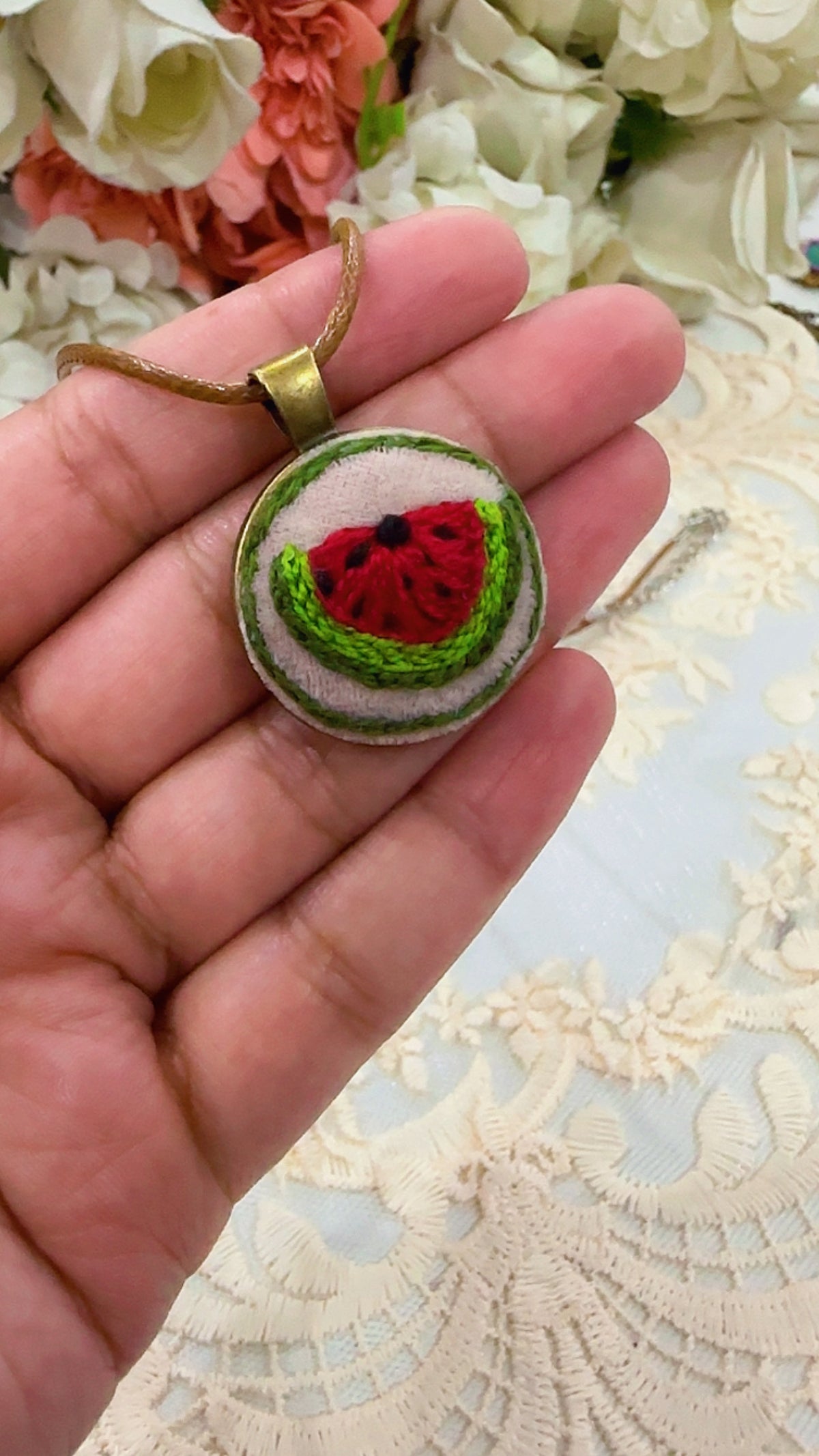 Summer Slice Watermelon Hand-Embroidered Kid-Friendly Pendant Necklace