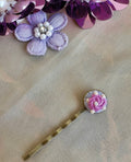 Hand-Embroidered Lilac Rose Hair Pin – Vintage Brass Slide