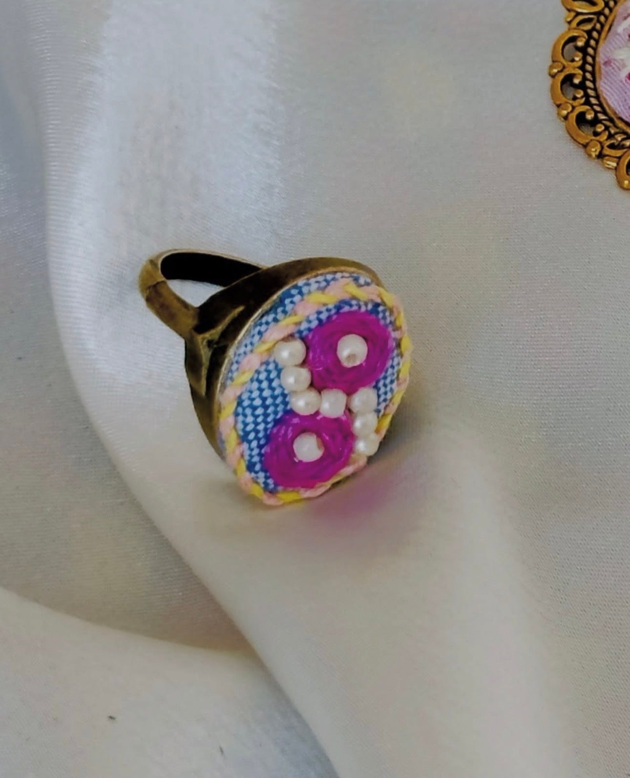 Hand-Embroidered Pink Rose & Pearl Vintage Statement Ring