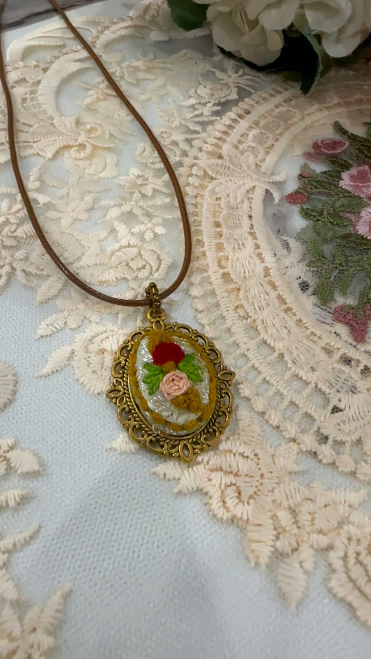 Vintage Rose Garden Hand-Embroidered Floral Pendant Necklace