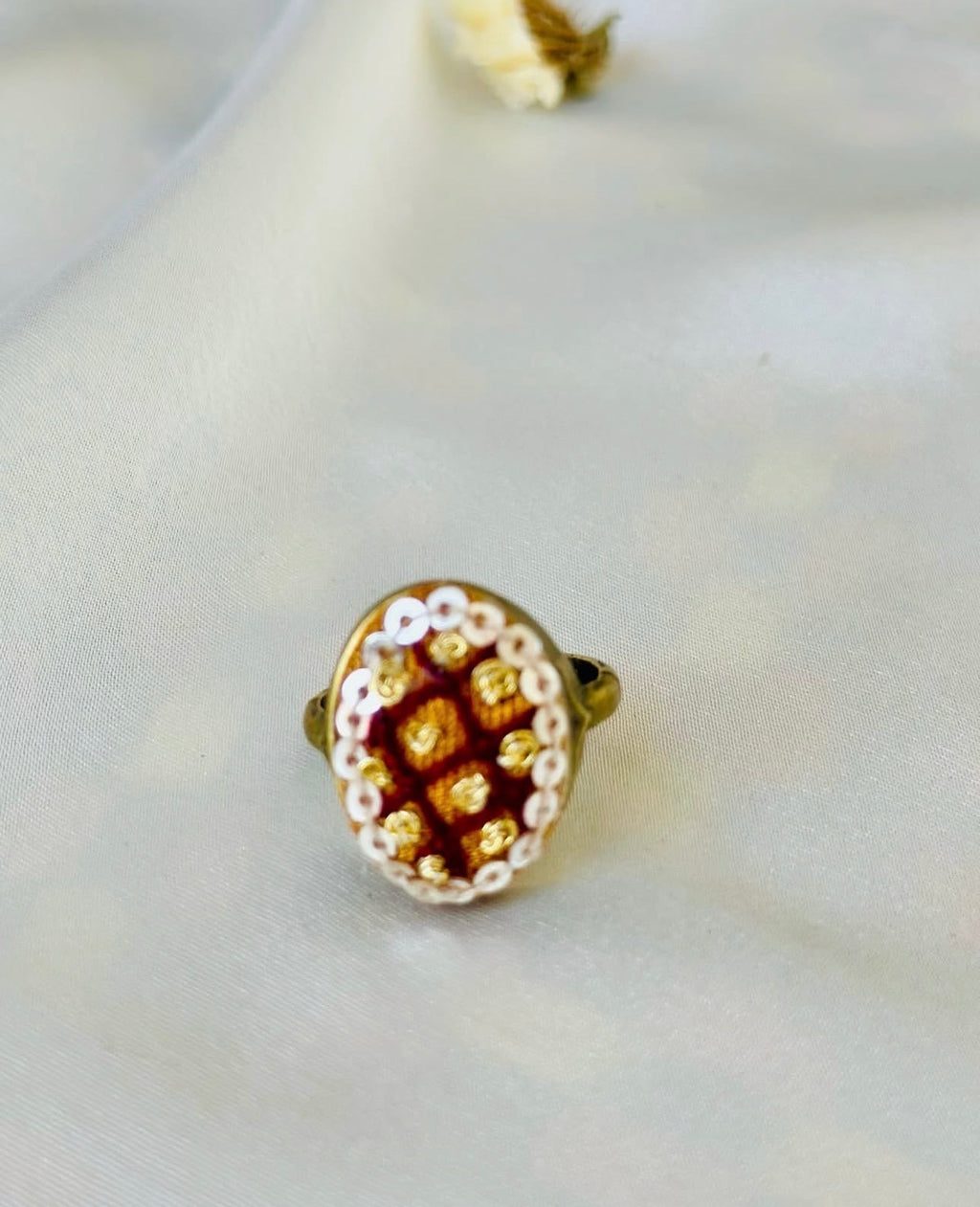 Hand-Embroidered Maroon & Gold Vintage Style Statement Ring